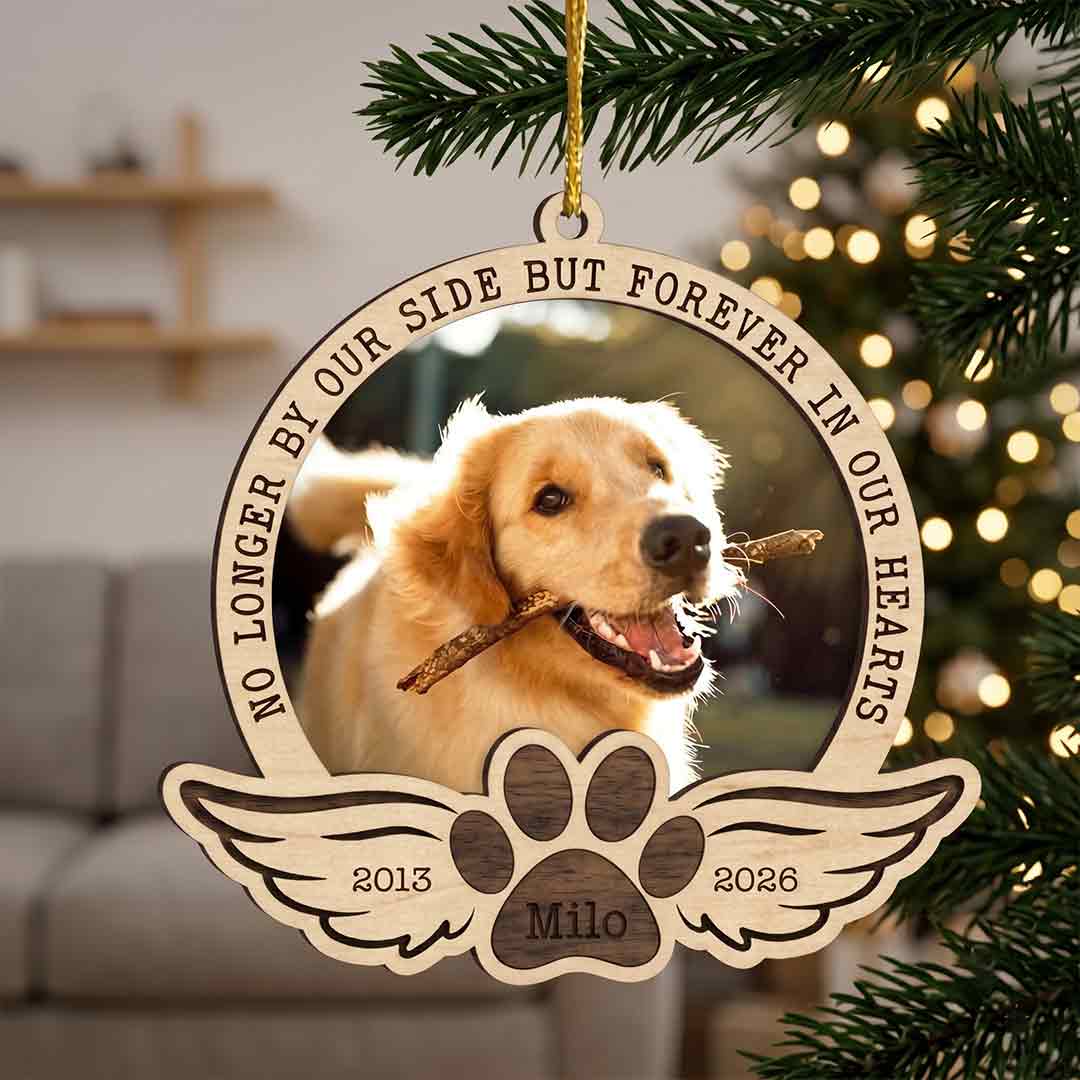 Pet Memorial Angel Wings Paw Personalized Custom Name Date Photo Dog 2-Layer Wooden Christmas Ornament for Dog Loss Memorial Gift