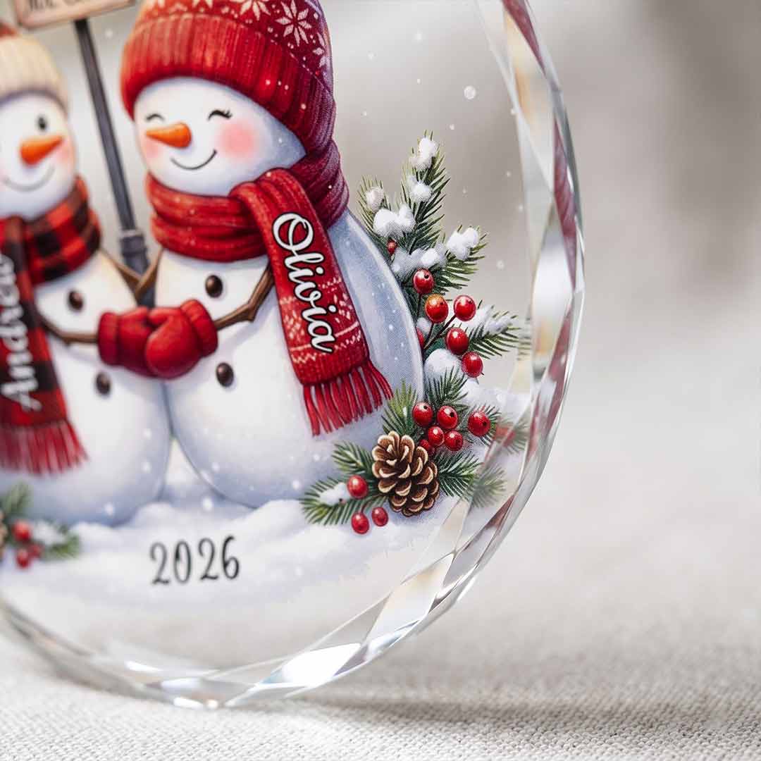 Mr and Mrs Snowman Christmas Couple Holiday Keepsake Personalized Custom Name Date Couple Round Glass Christmas Ornament for Newlyweds