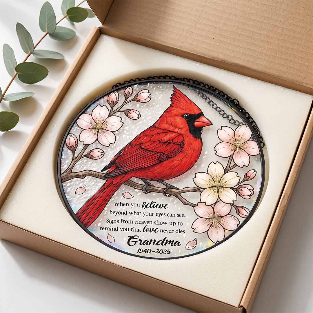 Grandma Memorial Cardinal Personalized Custom Name Date Loved One Memorial Keepsake Stained Glass Suncatcher Ornament for Loss of Grandma