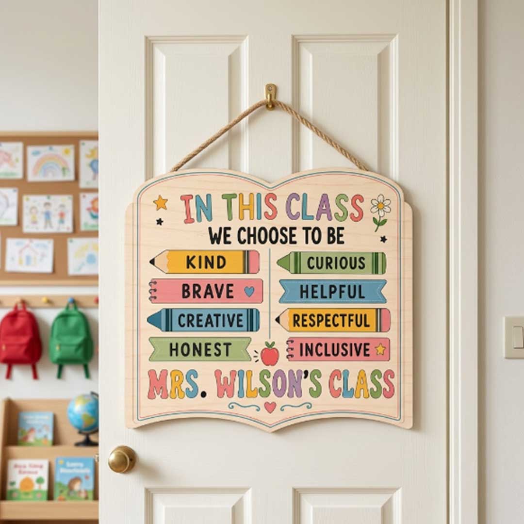 Personalized Teacher Name Wooden Sign Door Hanger In This Classroom We Choose To Be Wooden Classroom Decor, Back to School Sign