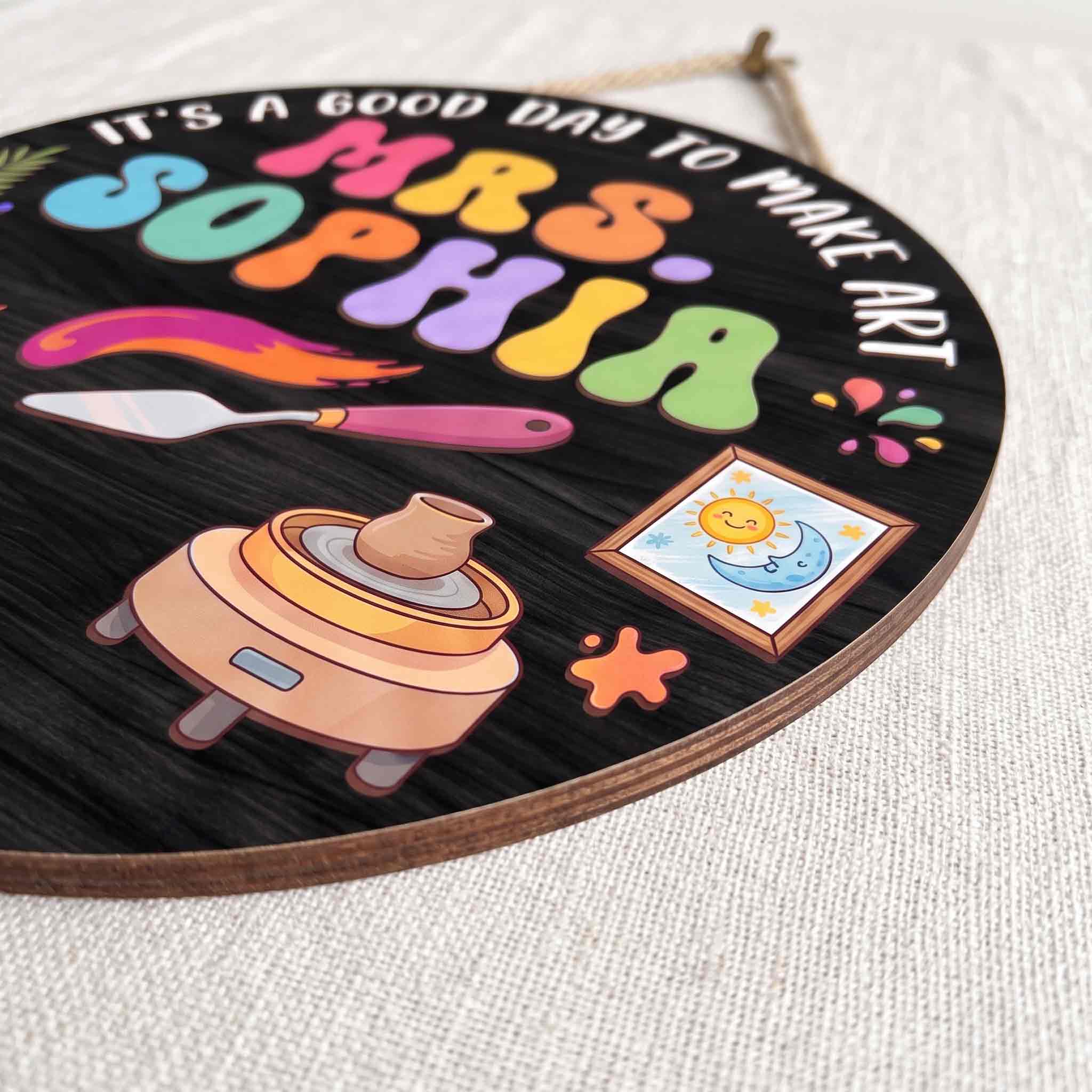 Personalized Art Teacher Classroom Door Hanger Wooden Sign, Custom Art Room Welcome Sign