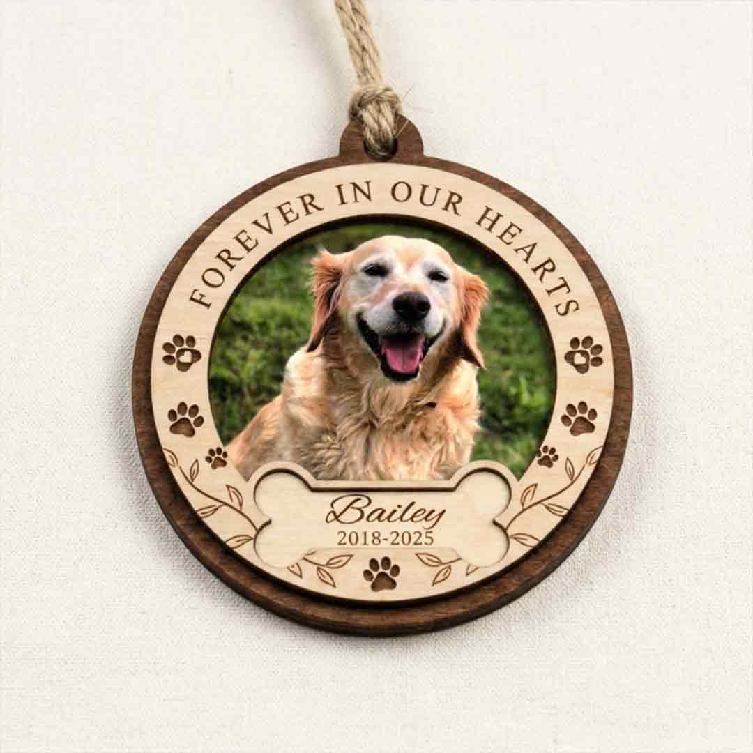 Forever In Our Hearts Memorial Personalized Custom Name Date Photo Dog 2-Layer Wooden Christmas Ornament for Pet Loss Remembrance Gift
