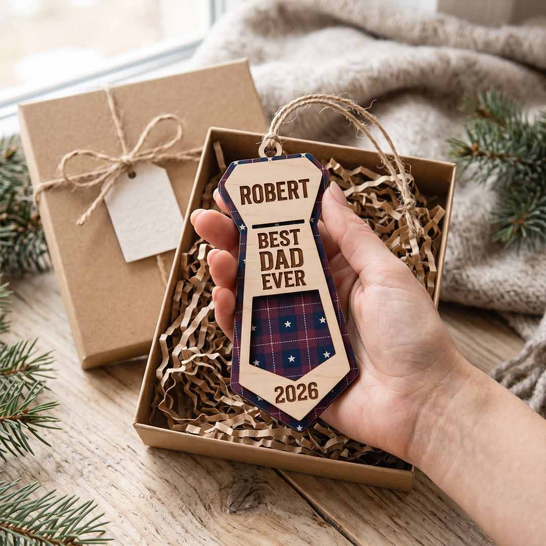 Best Dad Ever Necktie Father Keepsake Personalized Custom Name Family 1-Layer Wooden Christmas Ornament for Dad Gift