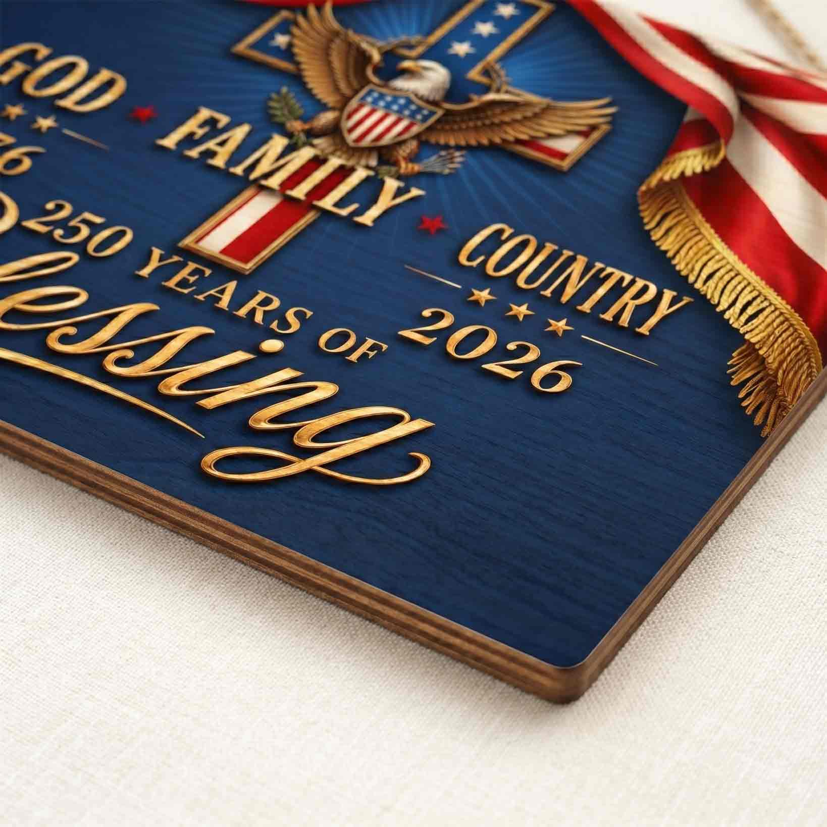 America 250th Anniversary God Family Country Faith Patriotic Decor Wooden Sign