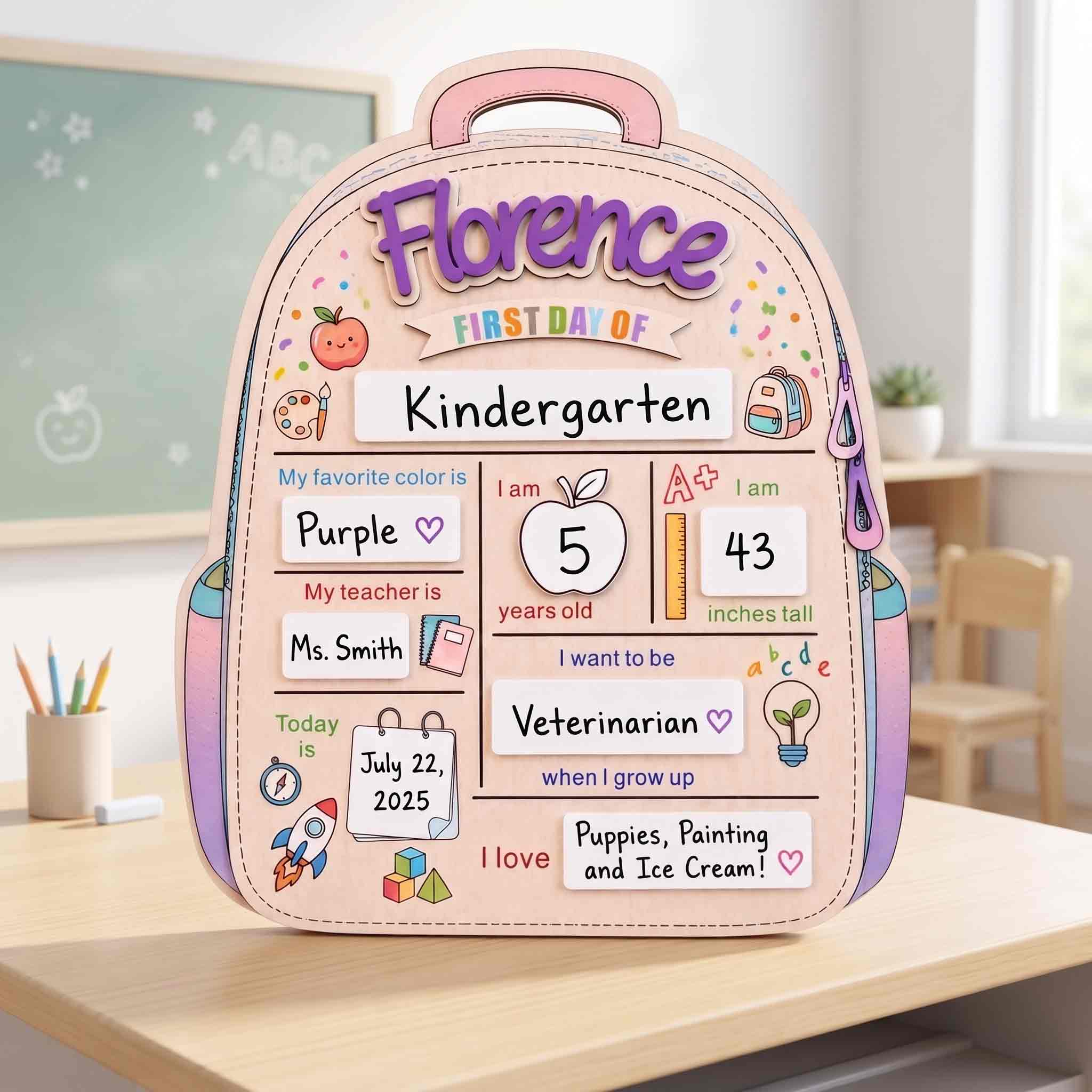 Personalized Purple Backpack First Day School Board, Reusable Dry Erase Board, Back to School Sign