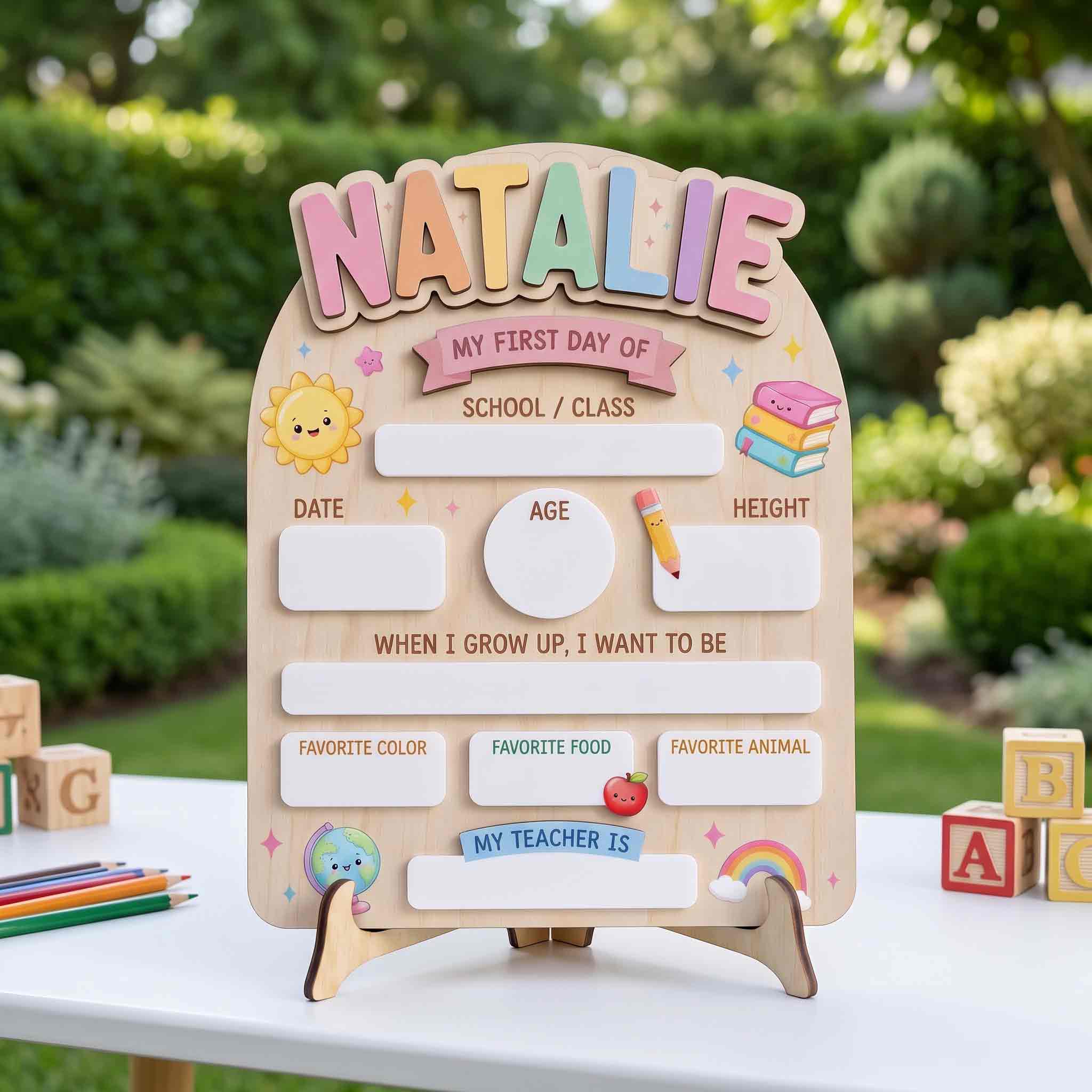 Personalized Rainbow School Supplies First & Last Day School Sign, Reusable Dry Erase Board, Back to School Sign