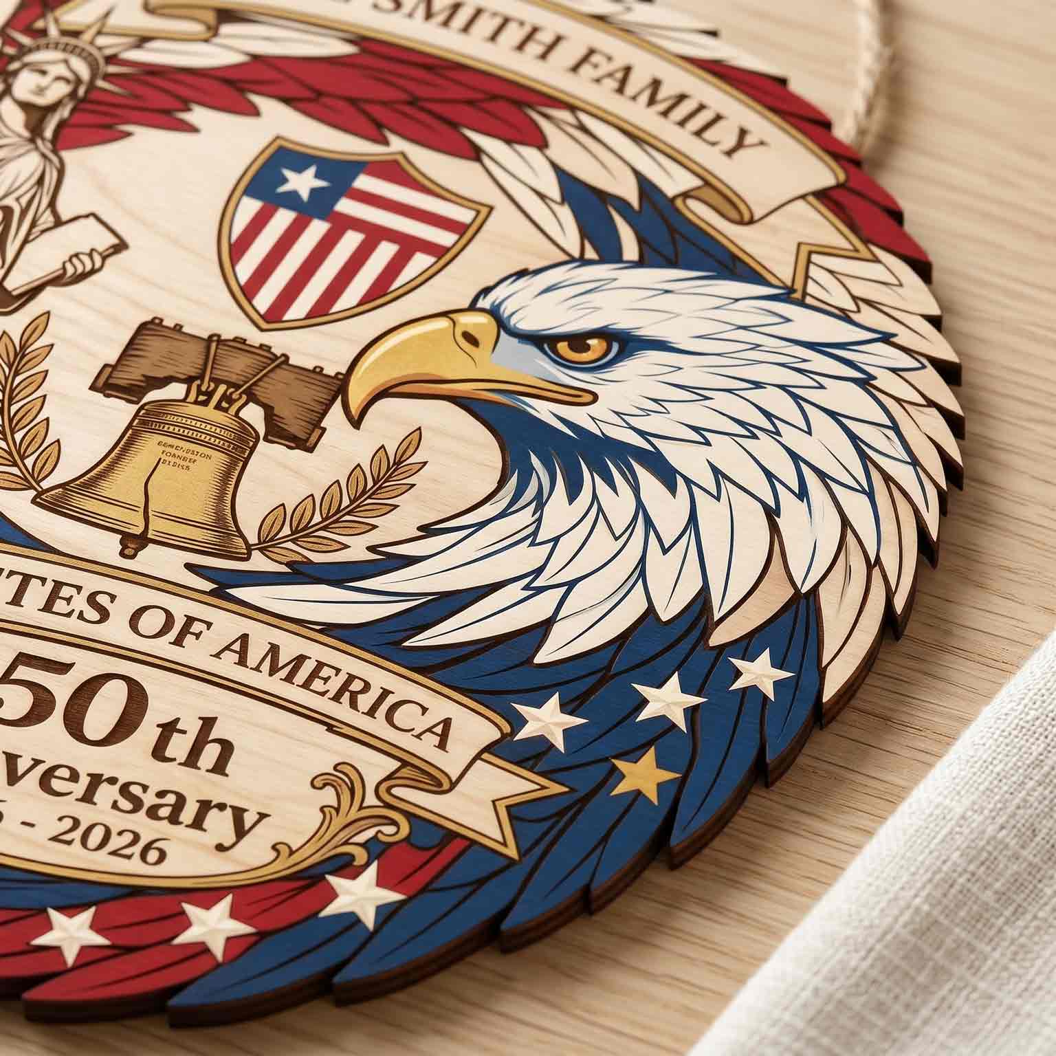 Personalized America 250th Anniversary Wooden Sign With Family Name Eagle and Liberty Decor