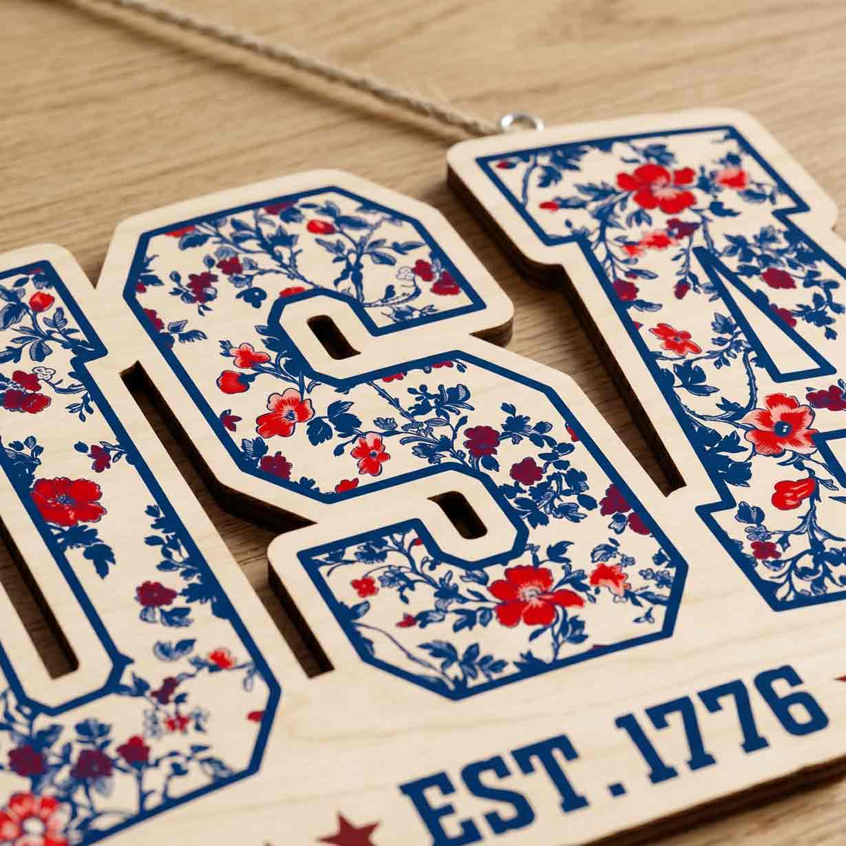 Floral USA Est 1776 Wooden Hanging Sign Patriotic Americana Decor