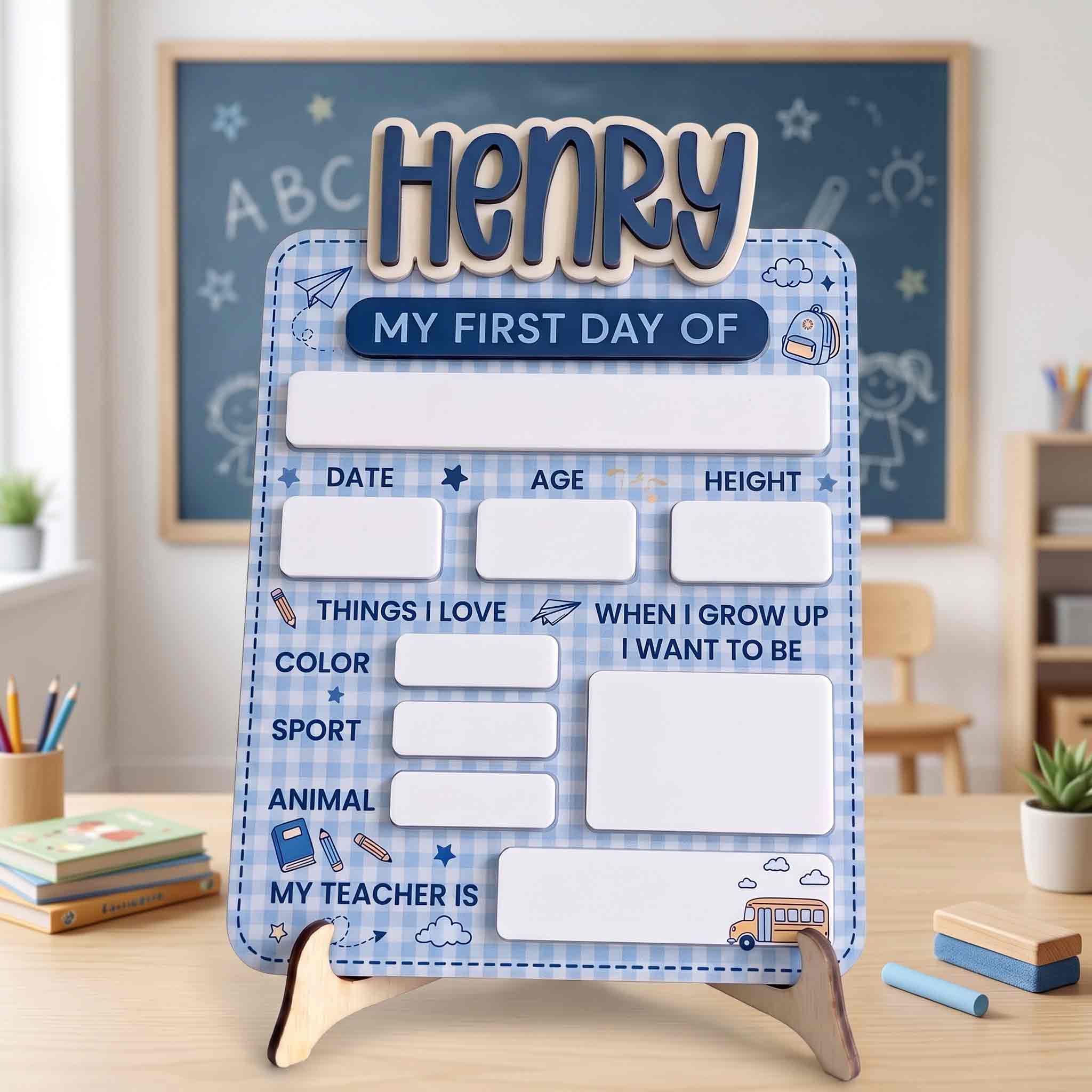 Personalized Blue School Doodles First & Last Day School Sign, Reusable Dry Erase Board, Back to School Sign