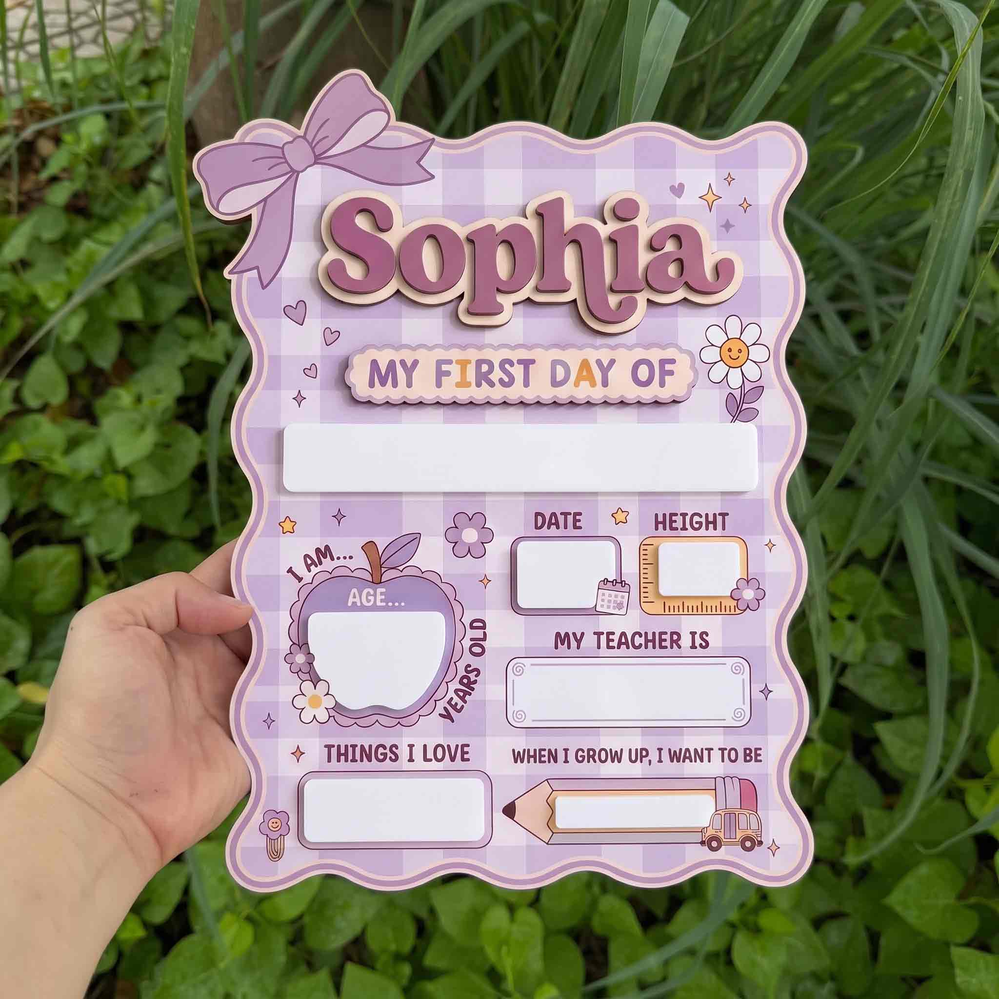 Personalized Purple Gingham Theme First & Last Day School Sign, Reusable Dry Erase Board, Back to School Sign