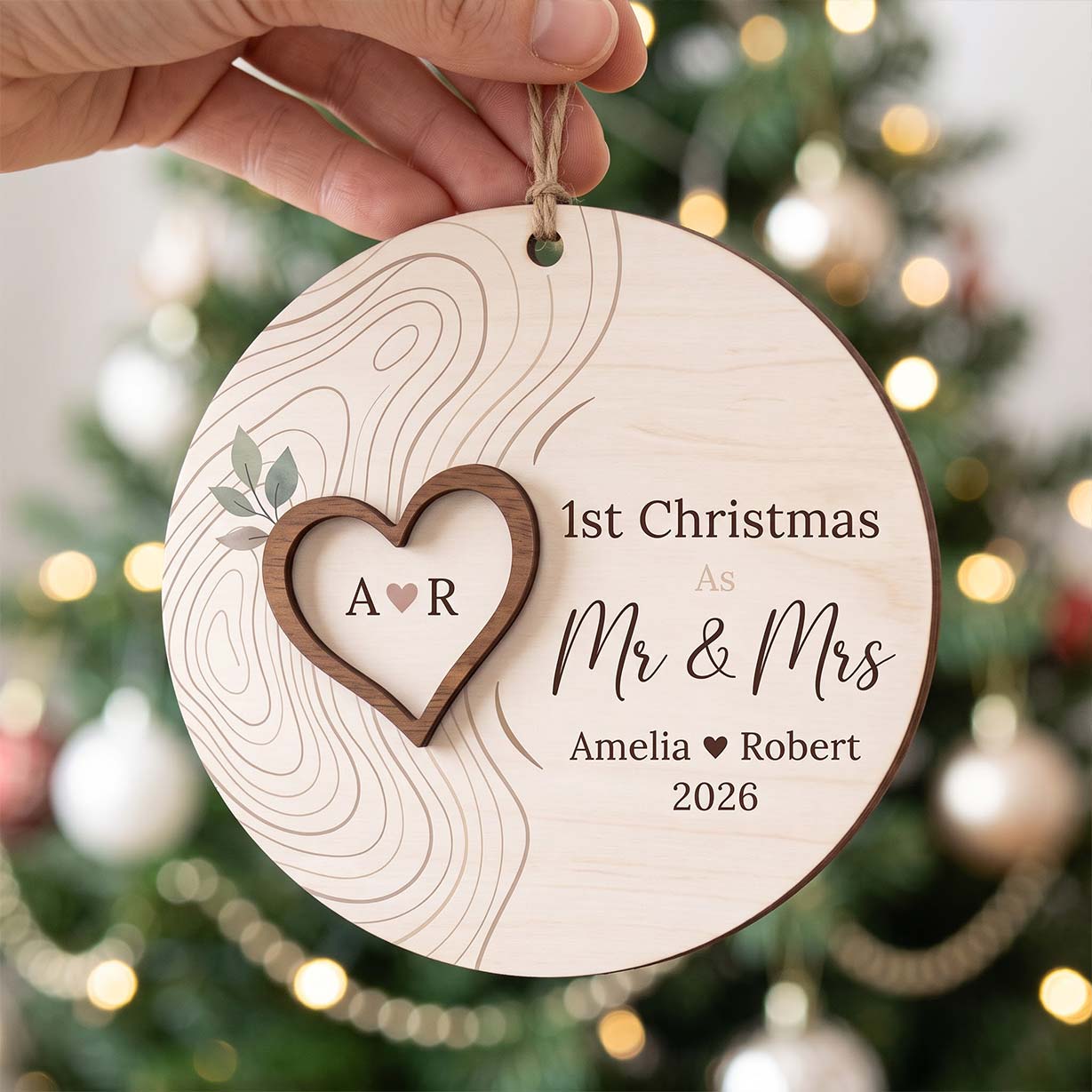 First Christmas Mr and Mrs Heart Custom Names Date First Married Christmas Wooden Ornament