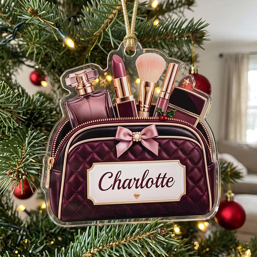 Makeup Burgundy Cosmetic Bag Lipstick Brush Custom Name Acrylic Christmas Ornament Makeup Lover