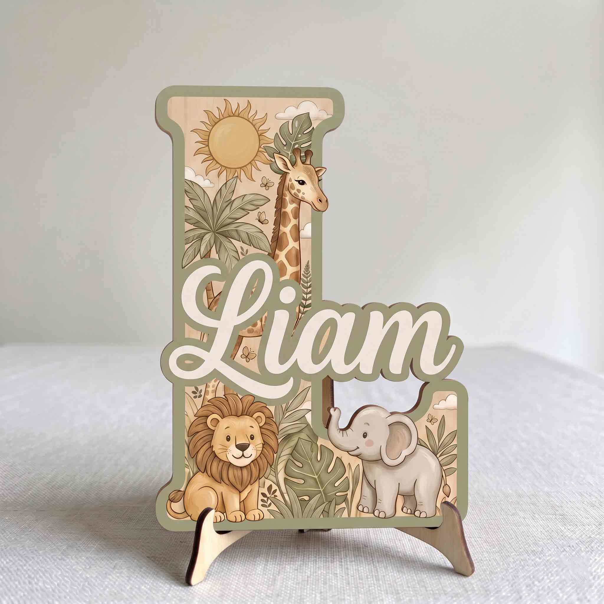 Personalized Safari Animals Nursery Name Sign Wooden Baby Room Decor
