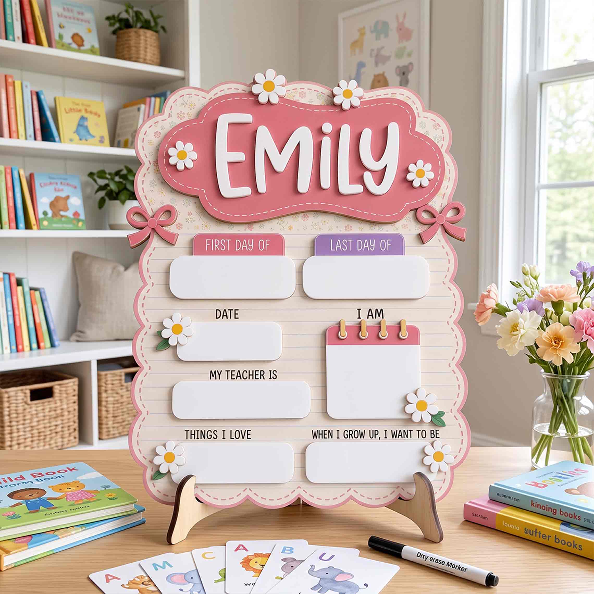Personalized Pink Floral Notebook First & Last Day School Sign, Reusable Dry Erase Board, Back to School Sign