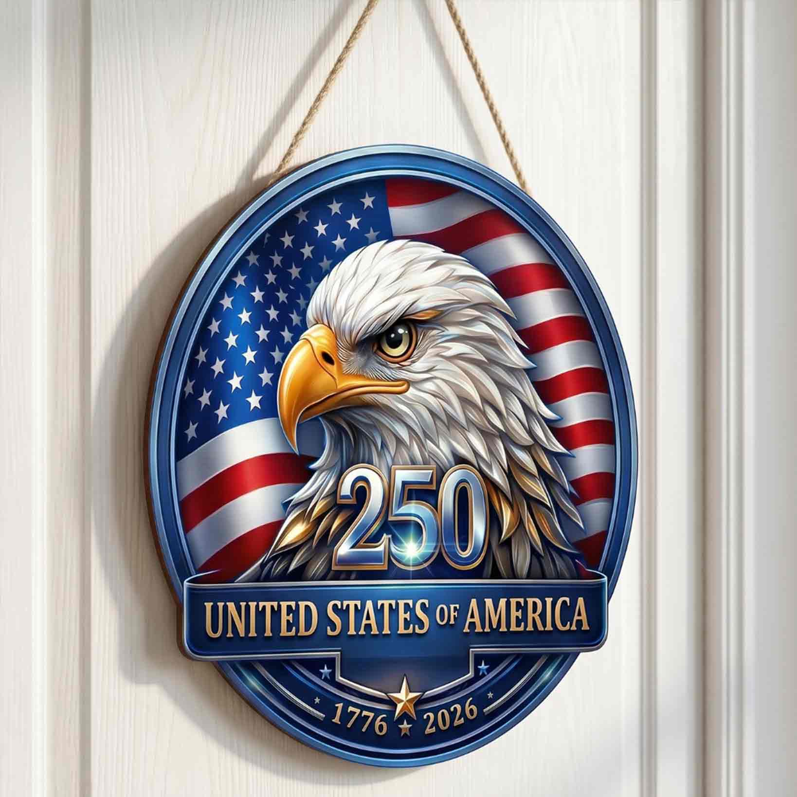 America 250 Wooden Sign With Bald Eagle and American Flag Patriotic Decor