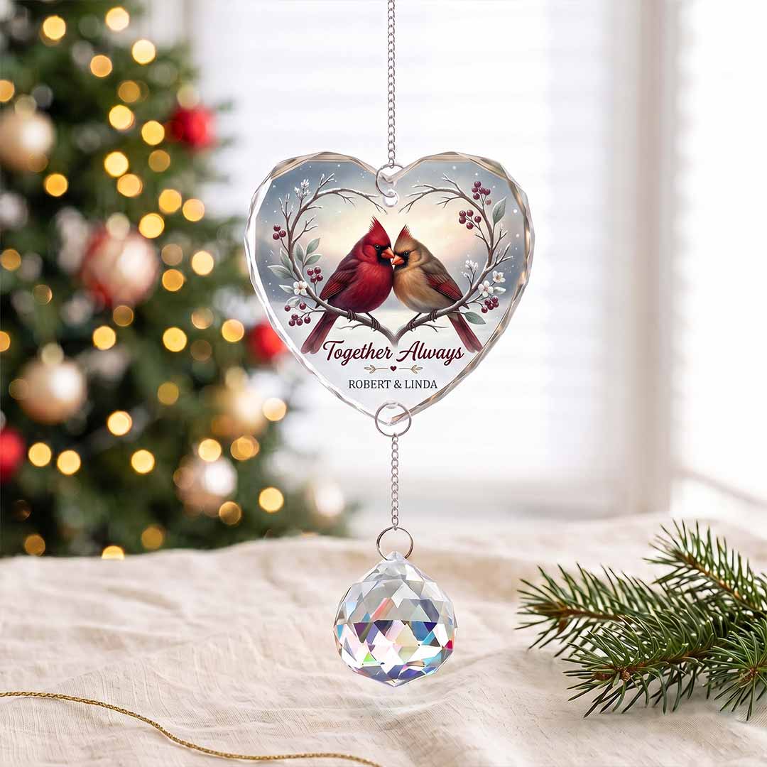 Together Always Cardinal Personalized Couple Custom Name Keepsake Heart Glass Christmas Ornament With Crystal Charm