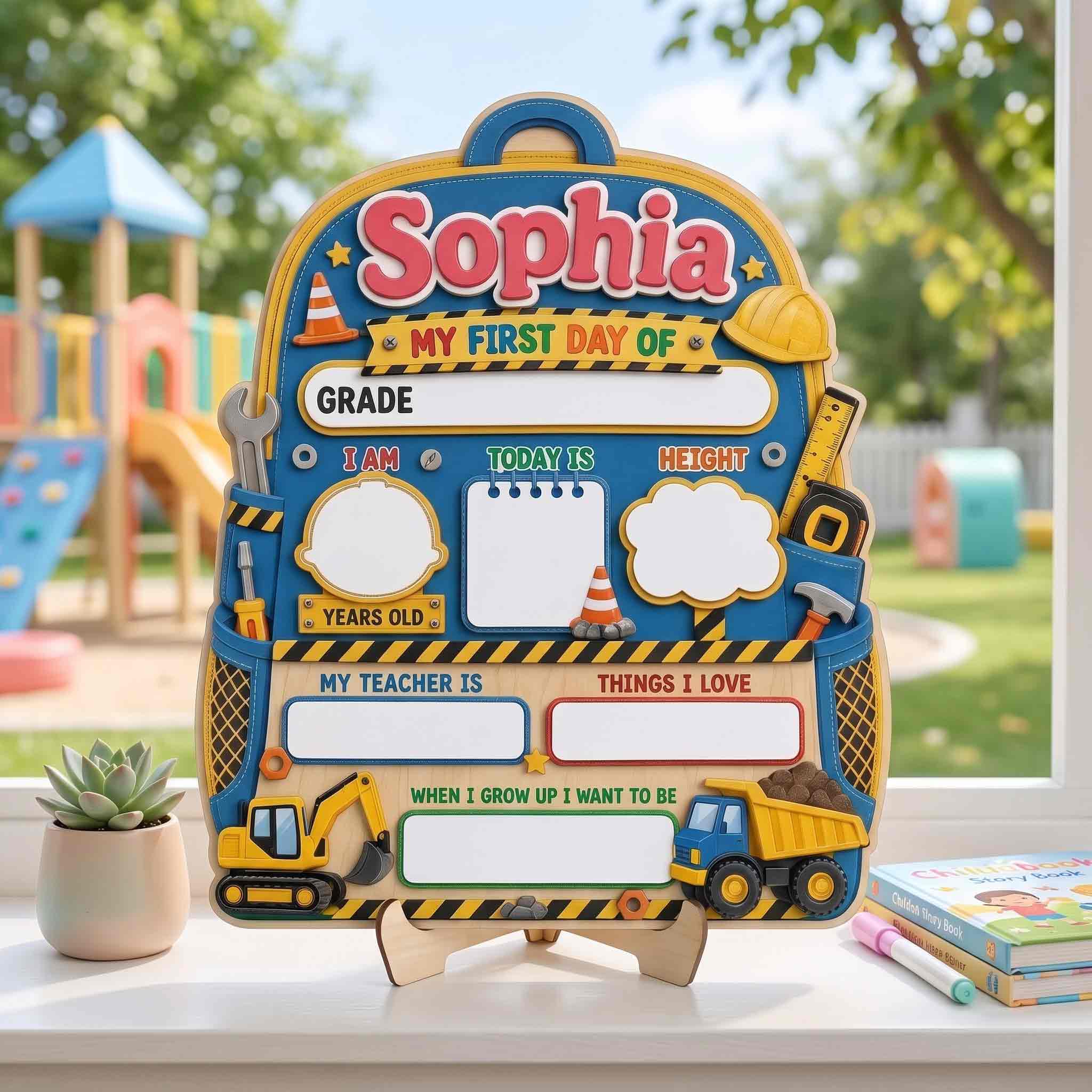 Personalized Little Builder Adventure First & Last Day School Sign, Reusable Dry Erase Board, Back to School Sign