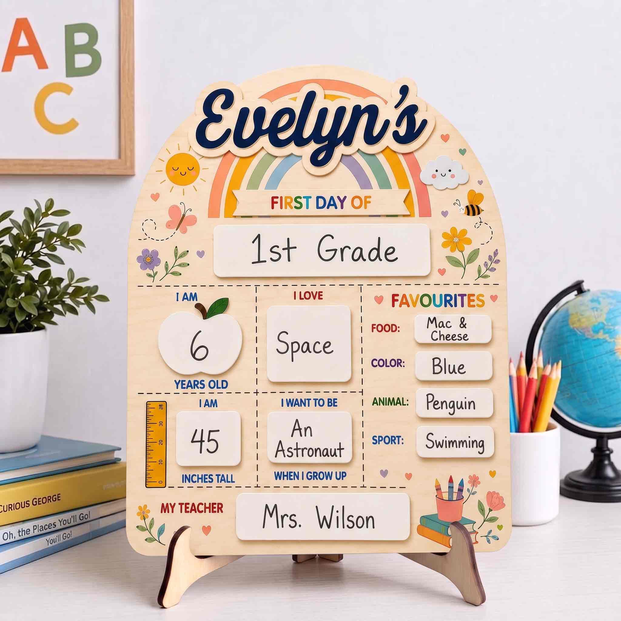 Personalized Rainbow Garden First & Last Day School Board, Reusable Dry Erase Board, Back to School Sign