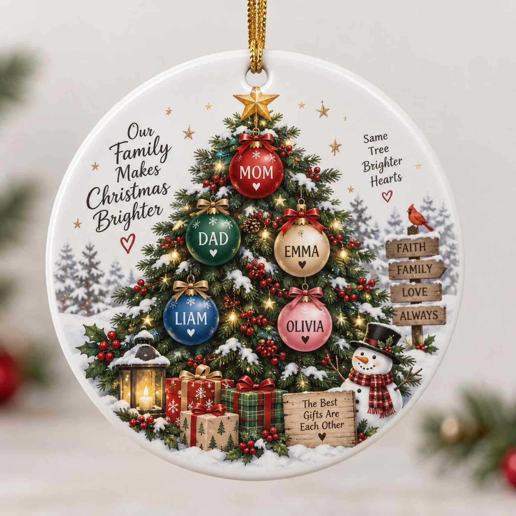 Our Family Makes Christmas Brighter Custom Name Family Ceramic Round Ornament