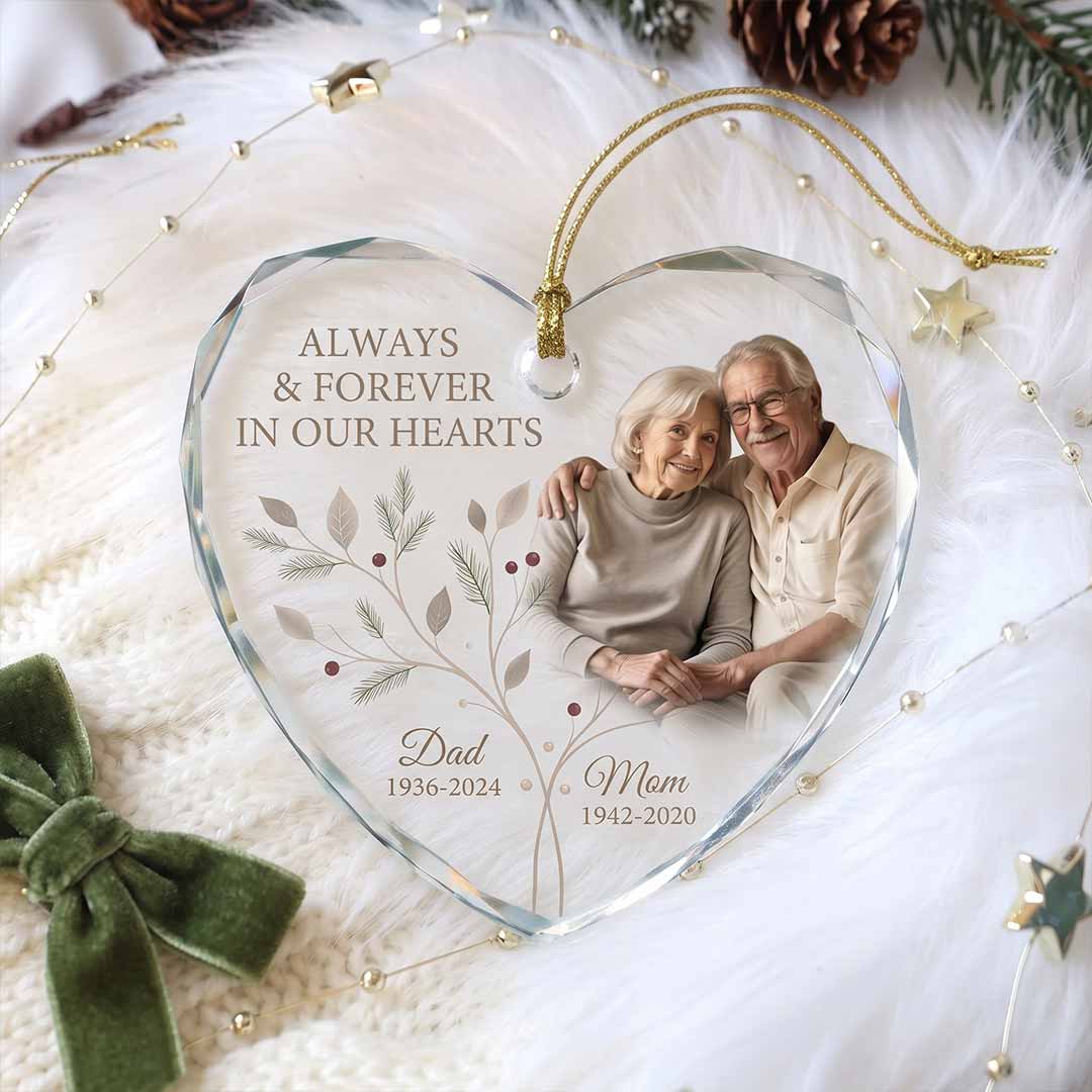 Always And Forever Mom And Dad Personalized Memorial Custom Name Date Photo Parents Sympathy Gift Heart Glass Christmas Ornament