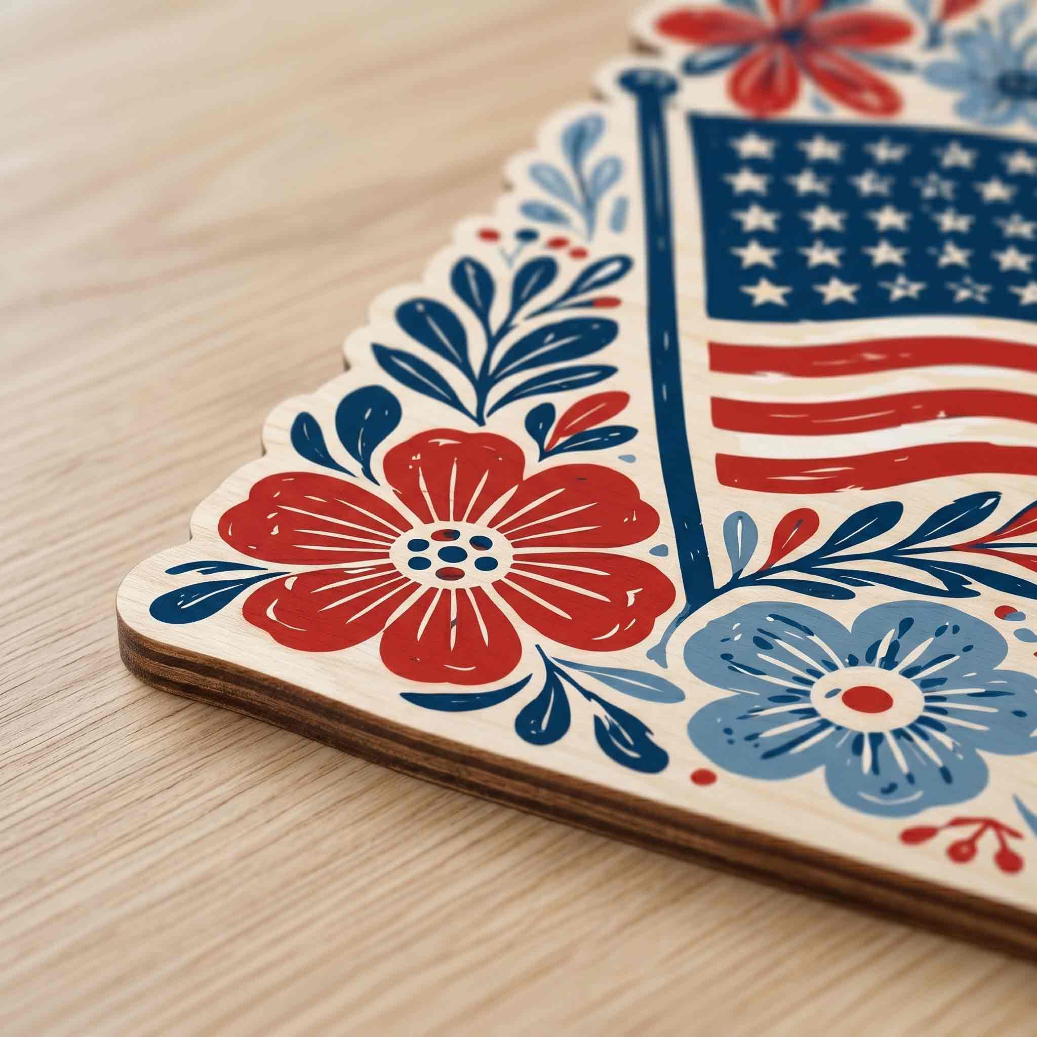 American Flag Floral Folk Art Patriotic America 250th Anniversary 1776-2026 Wooden Sign
