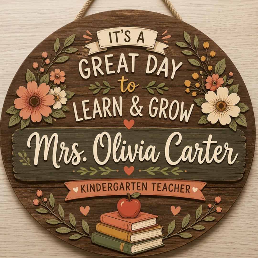Personalized Teacher Name Wooden Sign Door Hanger Great Day To Learn & Grow Wooden Classroom Decor, Back to School Sign