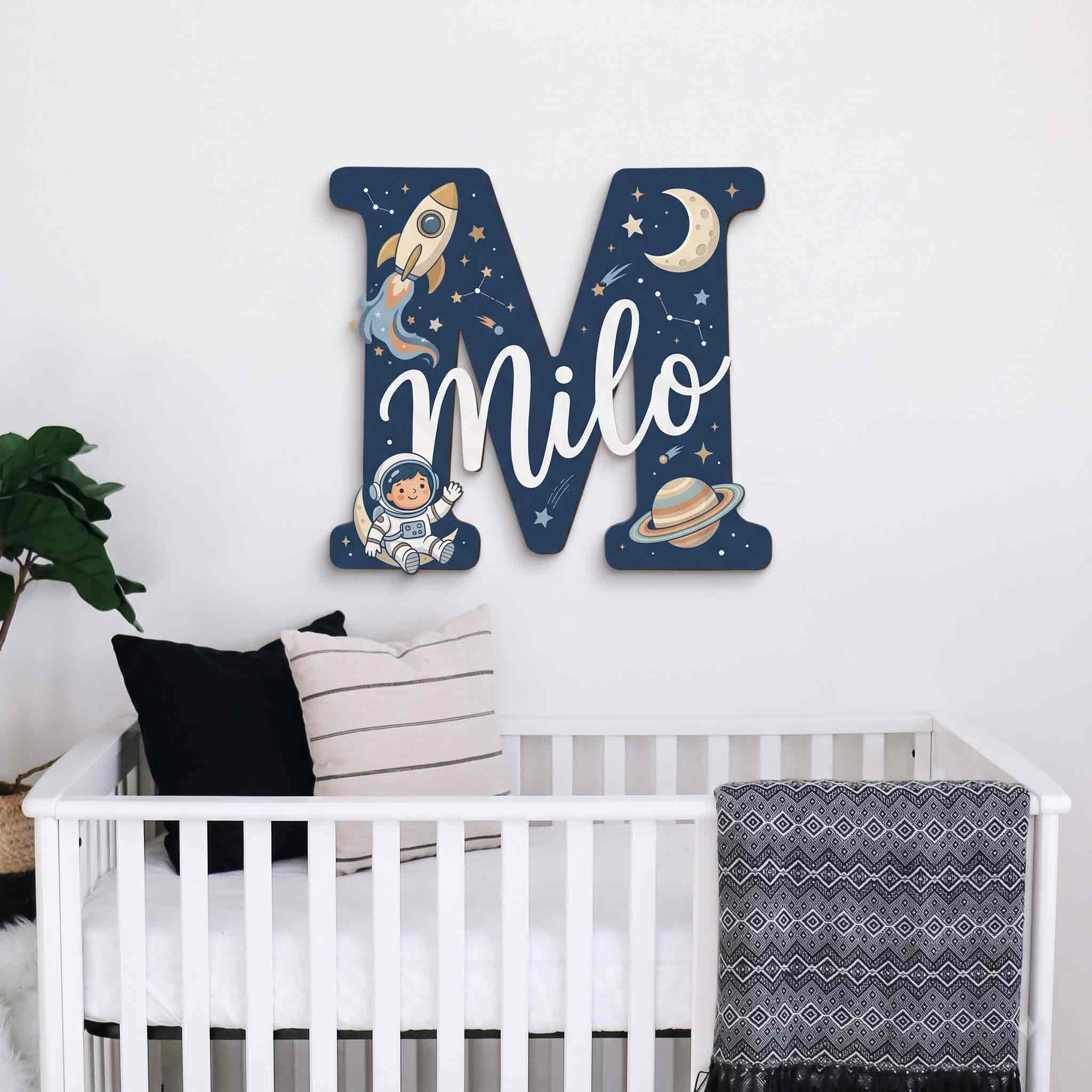 Personalized Outer Space Theme Nursery Name Sign Wooden Baby Room Decor