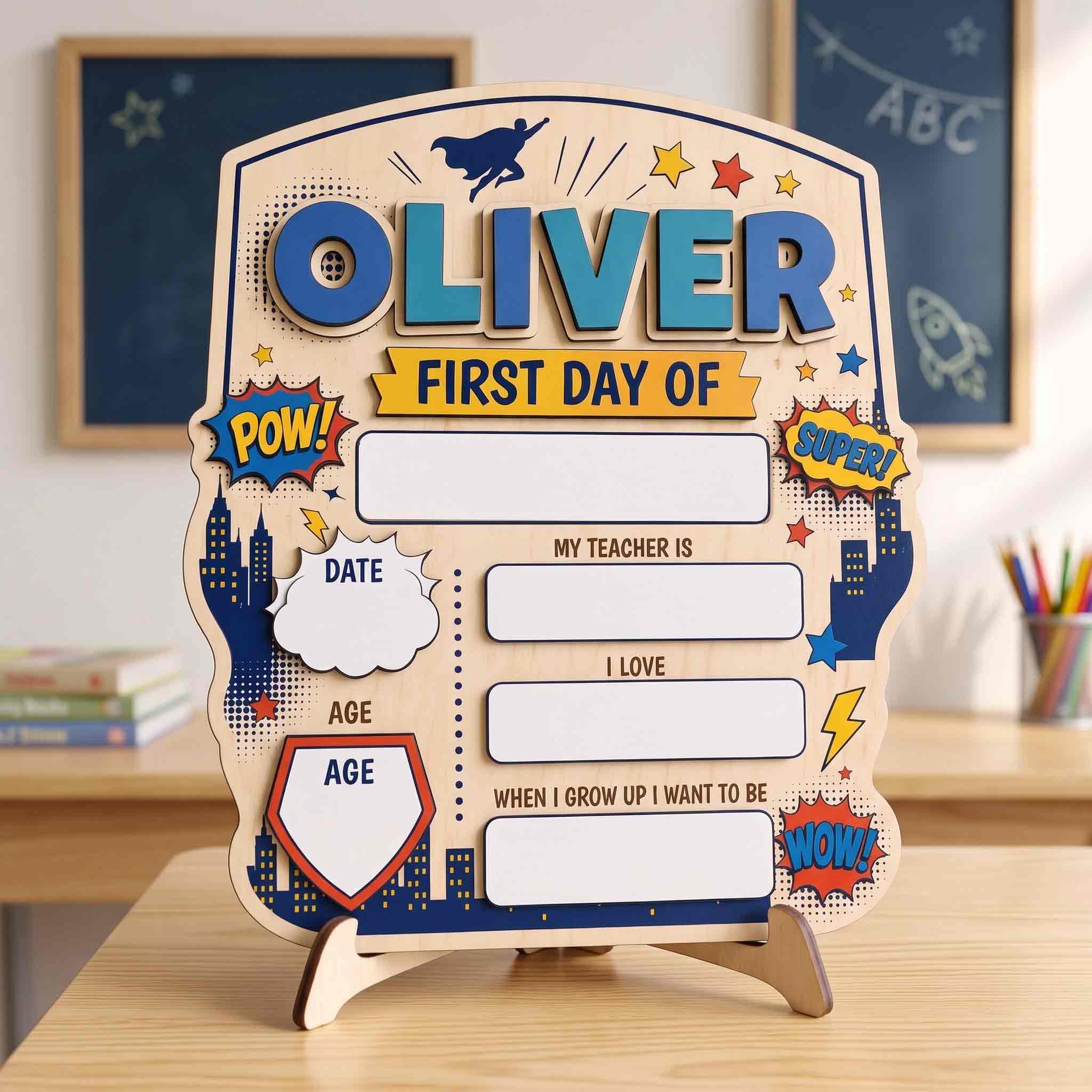 Personalized Superhero City Theme First & Last Day School Sign, Reusable Dry Erase Board, Back to School Sign