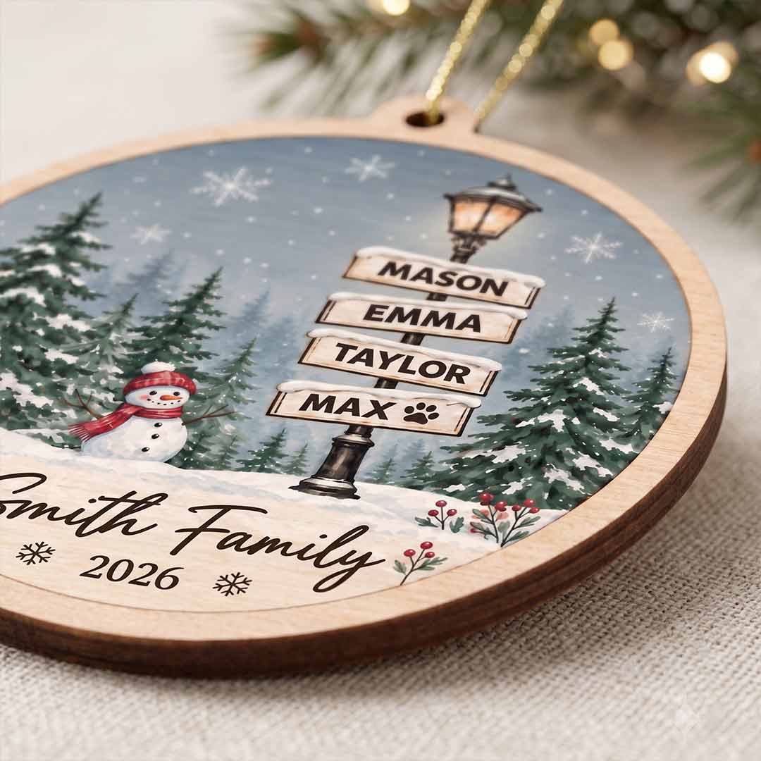 Winter Street Sign 2026 Xmas Holiday Keepsake Personalized Custom Name Date Family 1-Layer Wooden Christmas Ornament for Christmas Gift