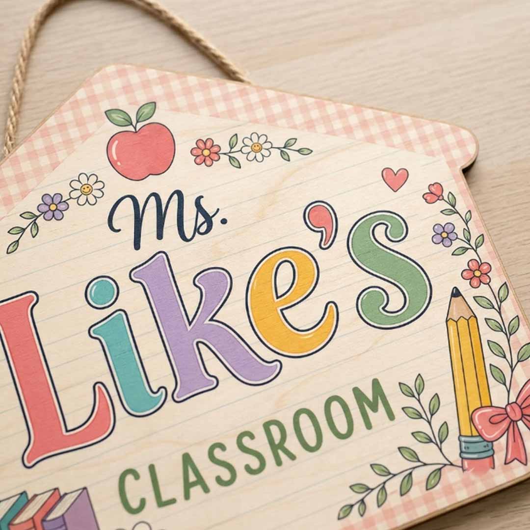 Personalized Teacher Name Wooden Sign Door Hanger Floral Schoolhouse Wooden Classroom Decor, Back to School Sign