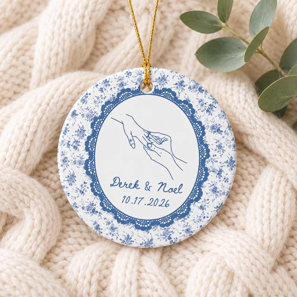 Holding Hands Blue Floral Custom Name Date Couple Wedding Keepsake Round Ceramic Ornament