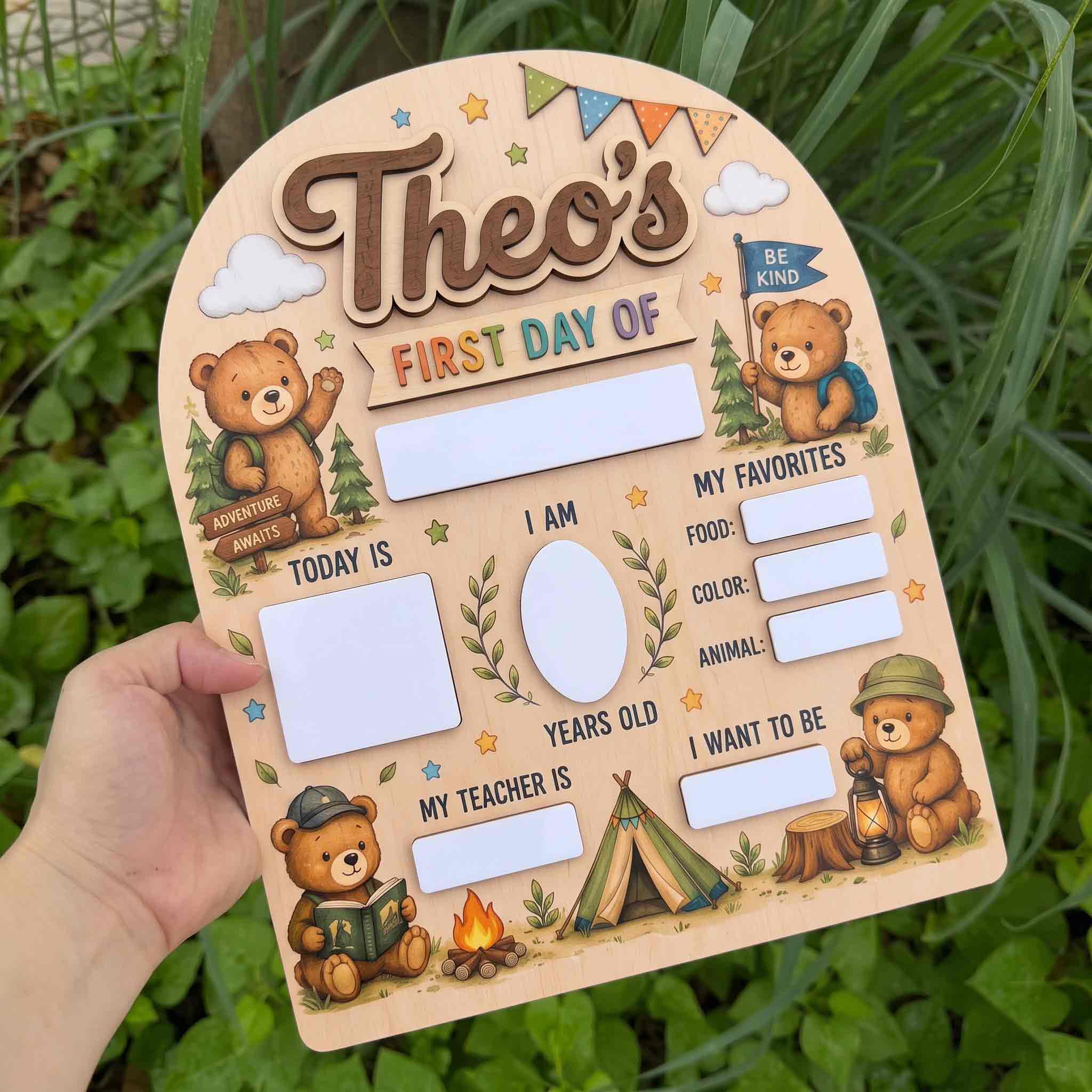 Personalized Camping Bears First & Last Day School Sign, Reusable Dry Erase Board, Back to School Sign