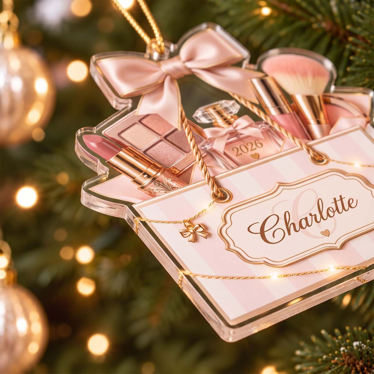 Blush Pink Makeup Bag Perfume Brush Custom Name Date Acrylic Christmas Ornament Beauty Lover Christmas Tree Decor Gift
