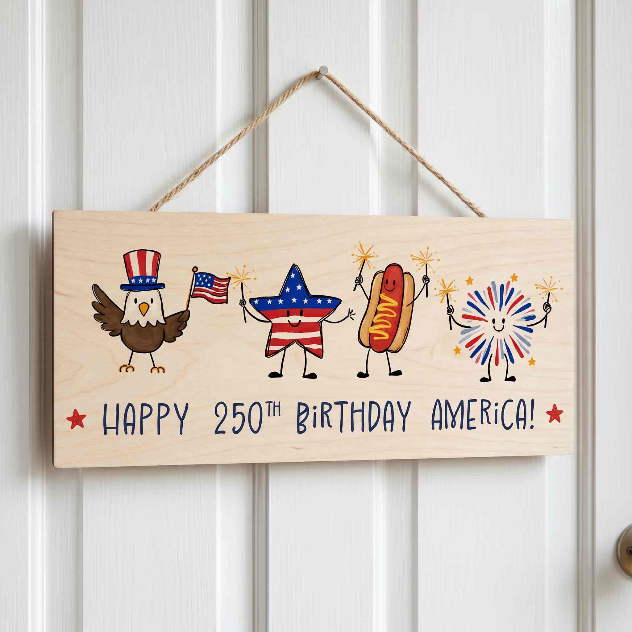 Happy 250th Birthday America Wooden Sign Patriotic USA 250 Celebration Front Porch Decor