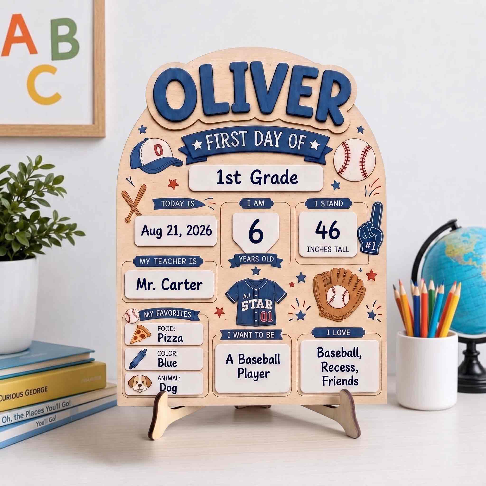 Personalized Baseball First Day School Board, Reusable Dry Erase Board, Back to School Sign