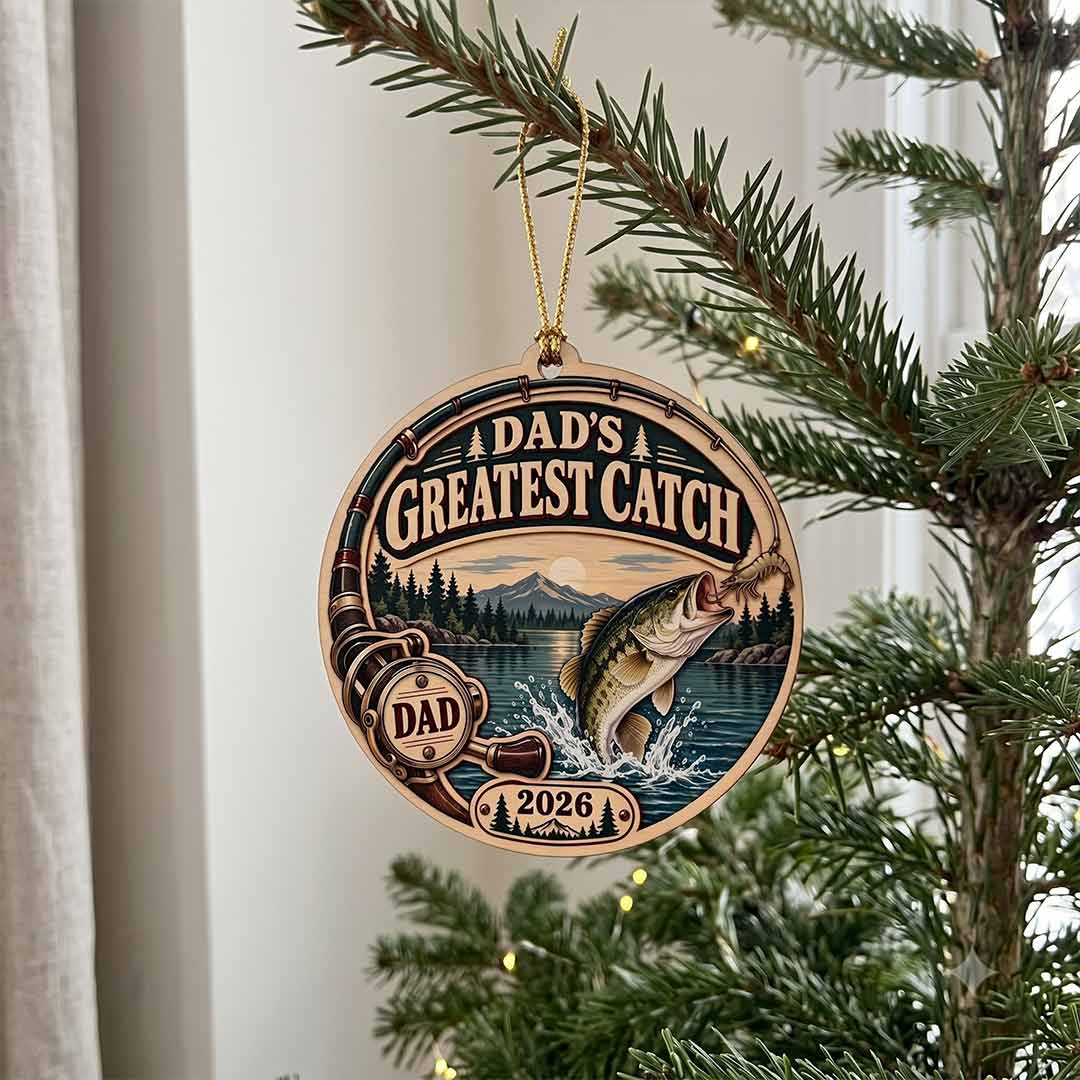 Fishing Dad Greatest Catch Father Fisherman Keepsake Fishing 1-Layer Wooden Christmas Ornament for Dad Gift