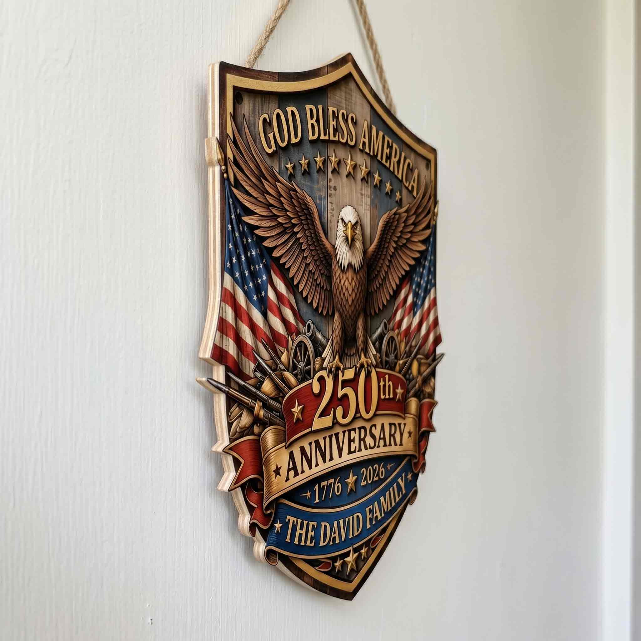 Personalized America 250th Anniversary Wooden Sign Patriotic Family Name Decor