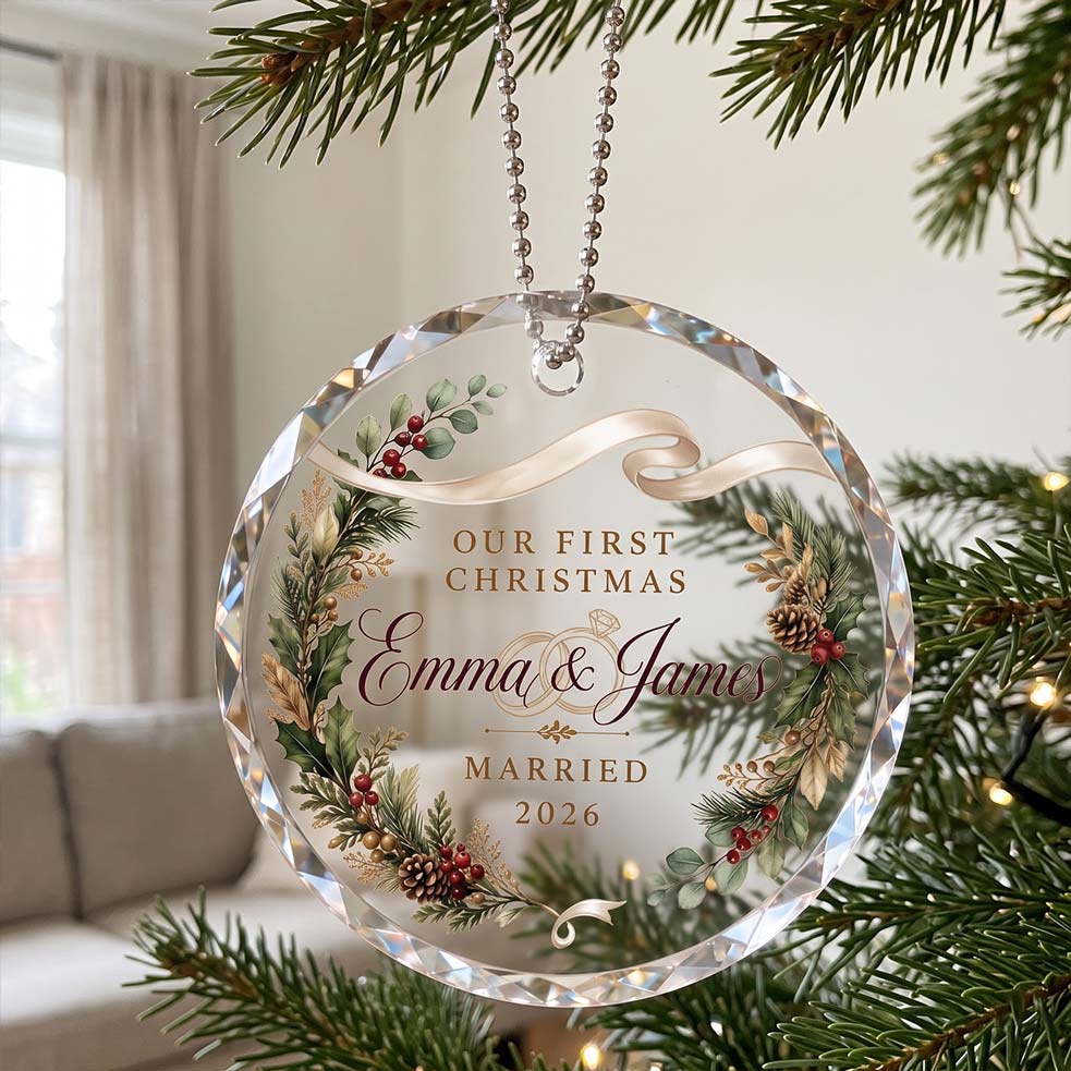 Our First Christmas Golden Greenery Wreath Custom Names Date First Married Christmas Round Glass Christmas Ornament