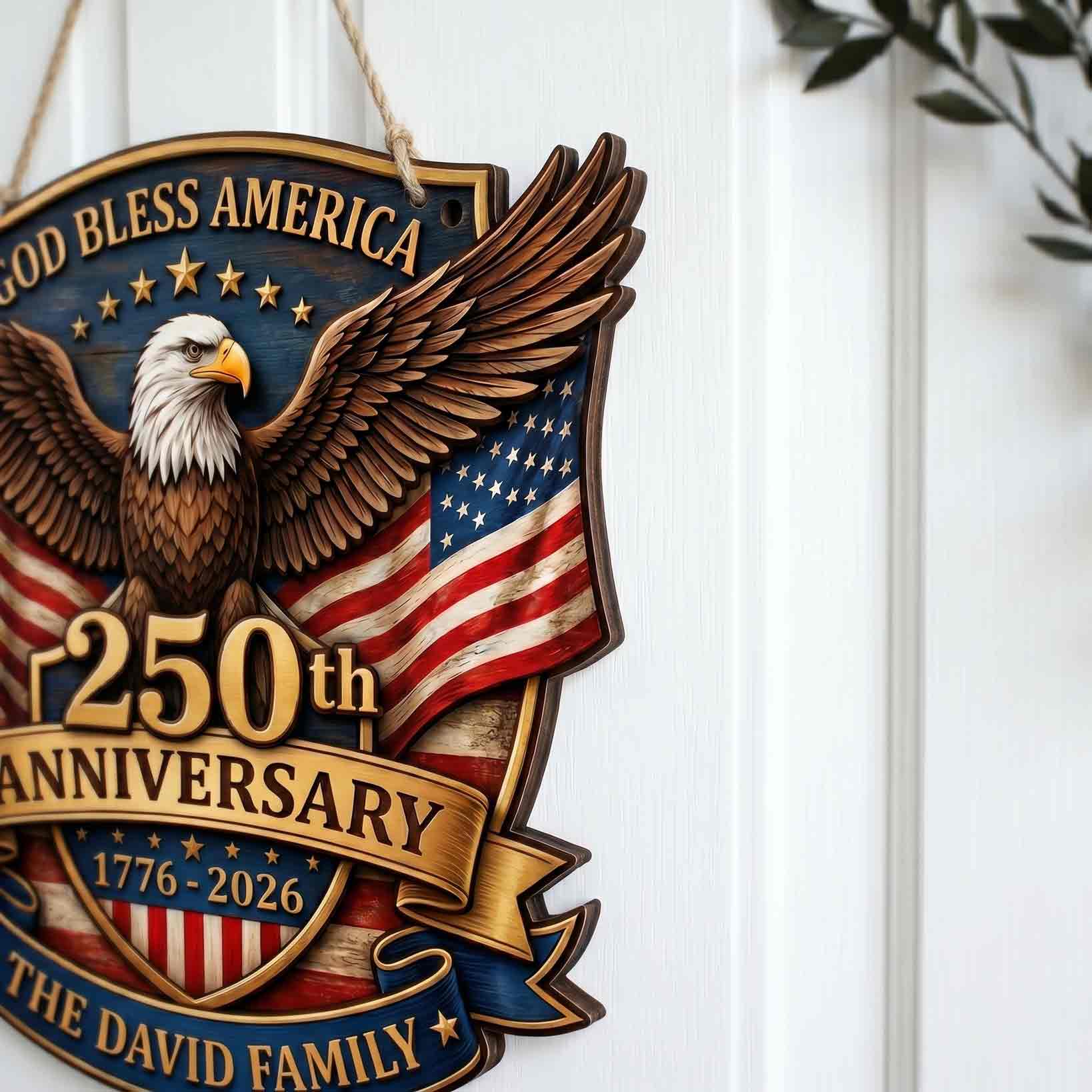 Personalized America 250th Anniversary Wooden Sign With Family Name God Bless America Eagle Decor