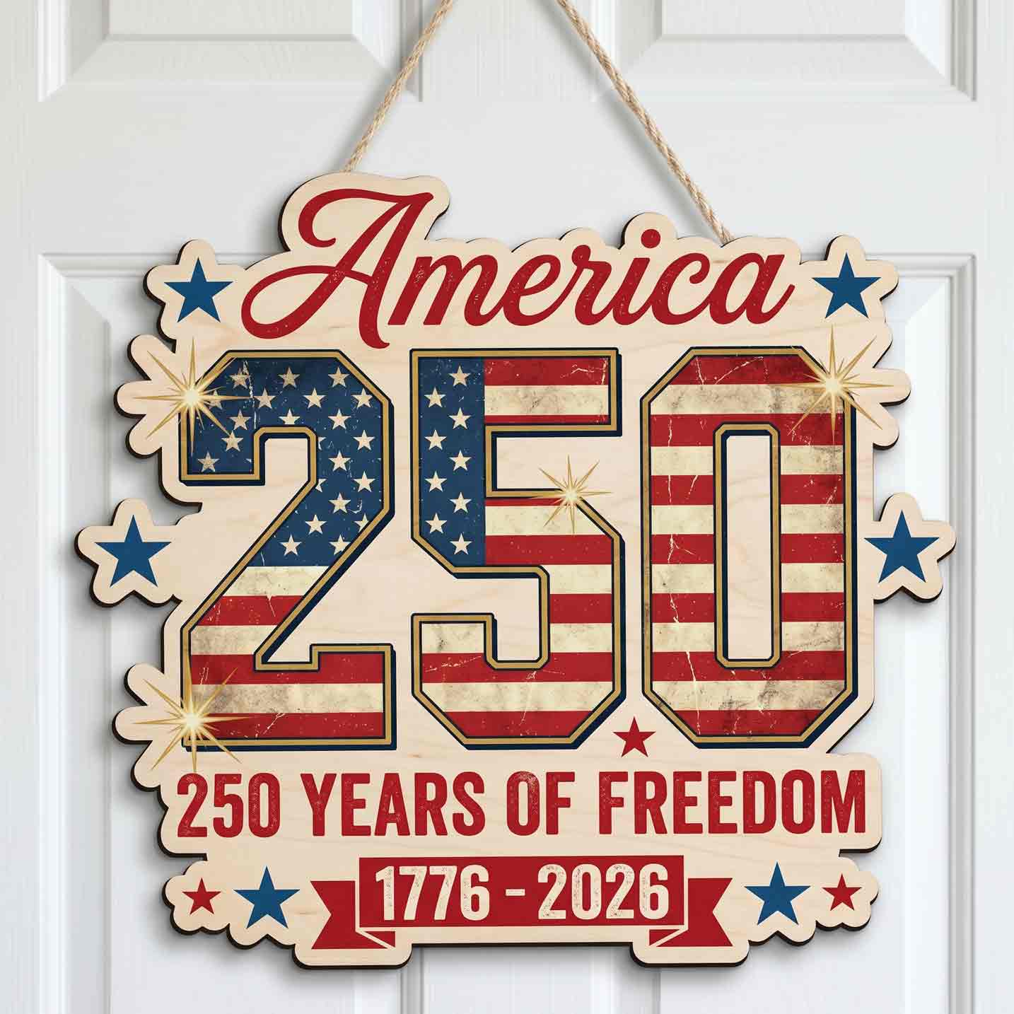 America 250 Years of Freedom 1776-2026 American Flag Gold Patriotic Wooden Sign