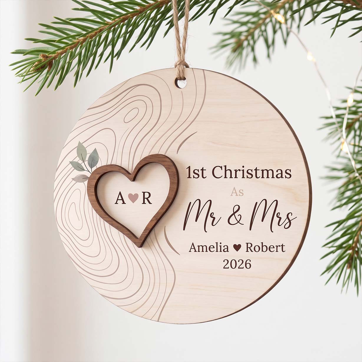First Christmas Mr and Mrs Heart Custom Names Date First Married Christmas Wooden Ornament