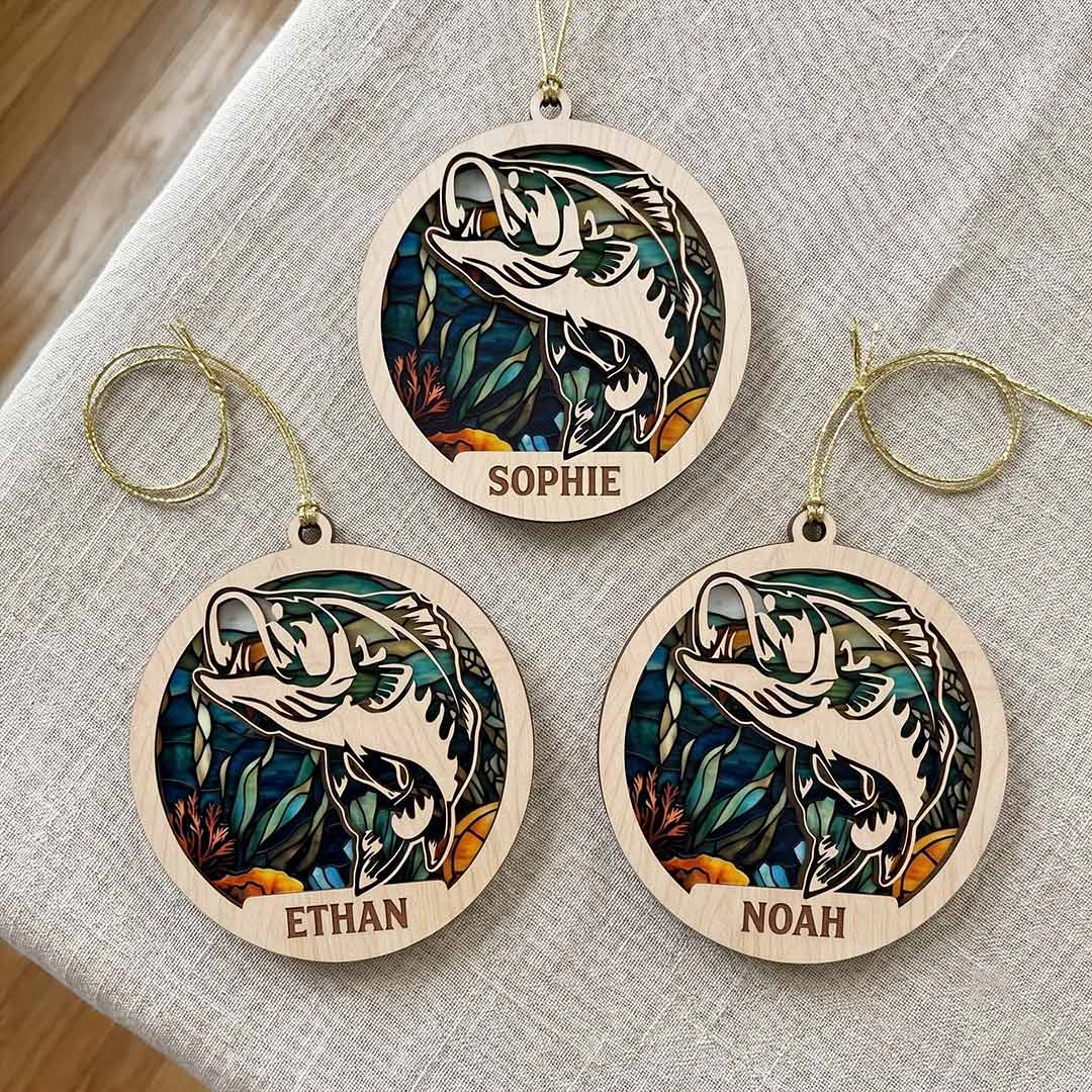 Underwater Bass Fishing Personalized Custom Name Fishing 2-Layer Wooden Christmas Ornament for Angler Christmas Gift