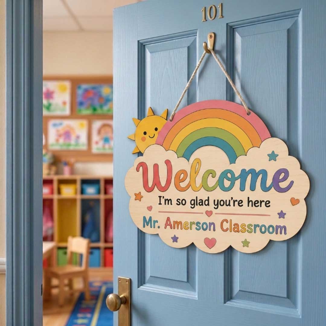 Personalized Teacher Name Wooden Sign Door Hanger I'm So Glad You're Here Wooden Classroom Decor, Back to School Sign