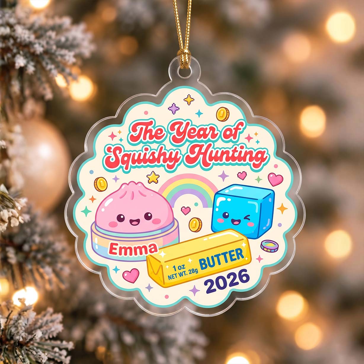 Rainbow Squishy Hunting Butter Ice Cube Custom Name Date Acrylic Christmas Ornament Cute