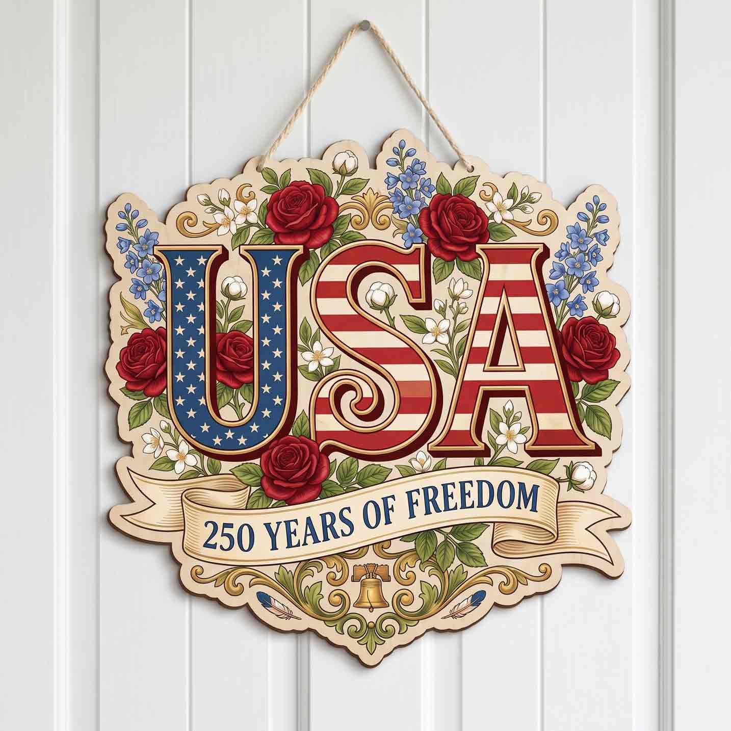 USA 250 Years of Freedom Floral Wooden Sign