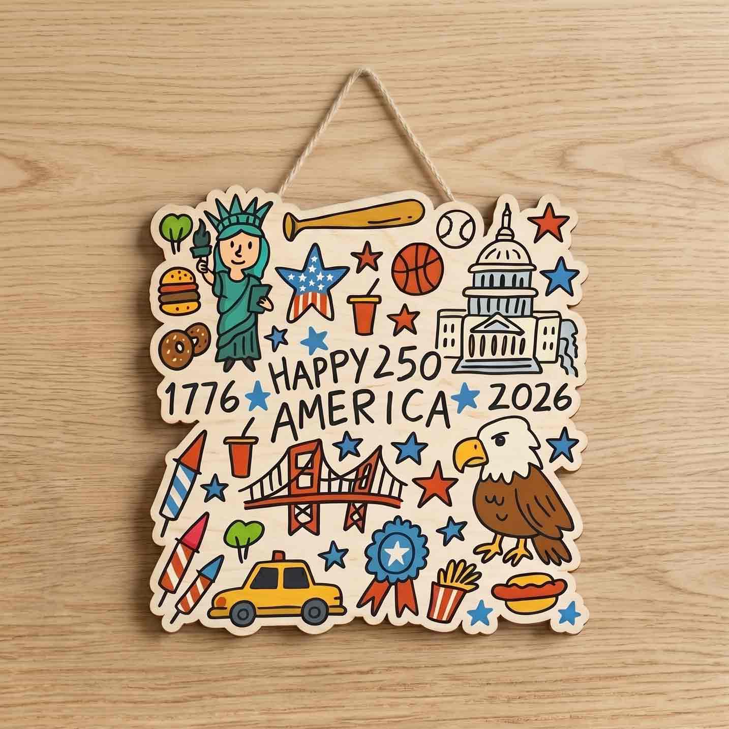 Happy 250 America 1776-2026 Doodle Patriotic Wooden Sign