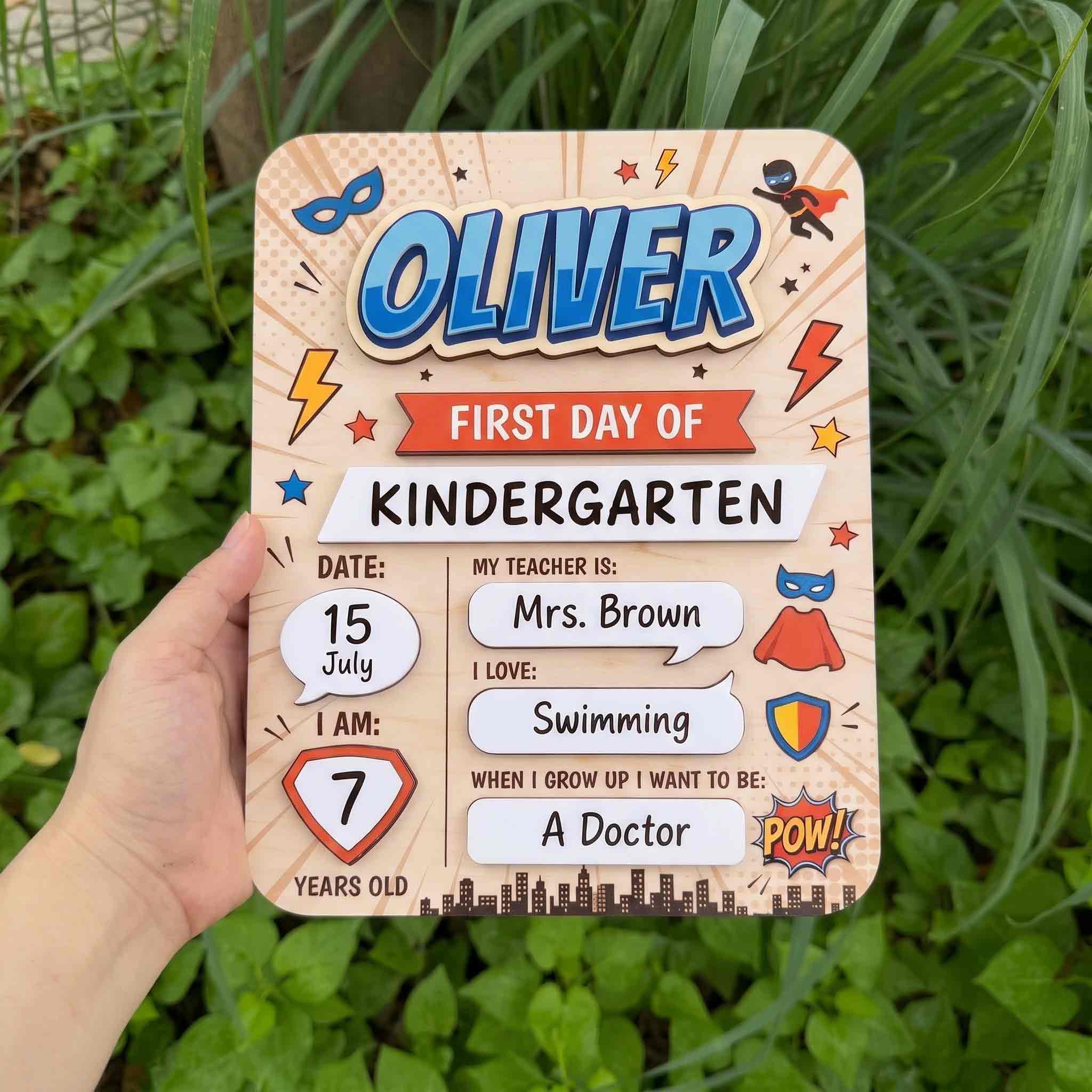 Personalized Superhero School Theme First & Last Day School Sign, Reusable Dry Erase Board, Back to School Sign