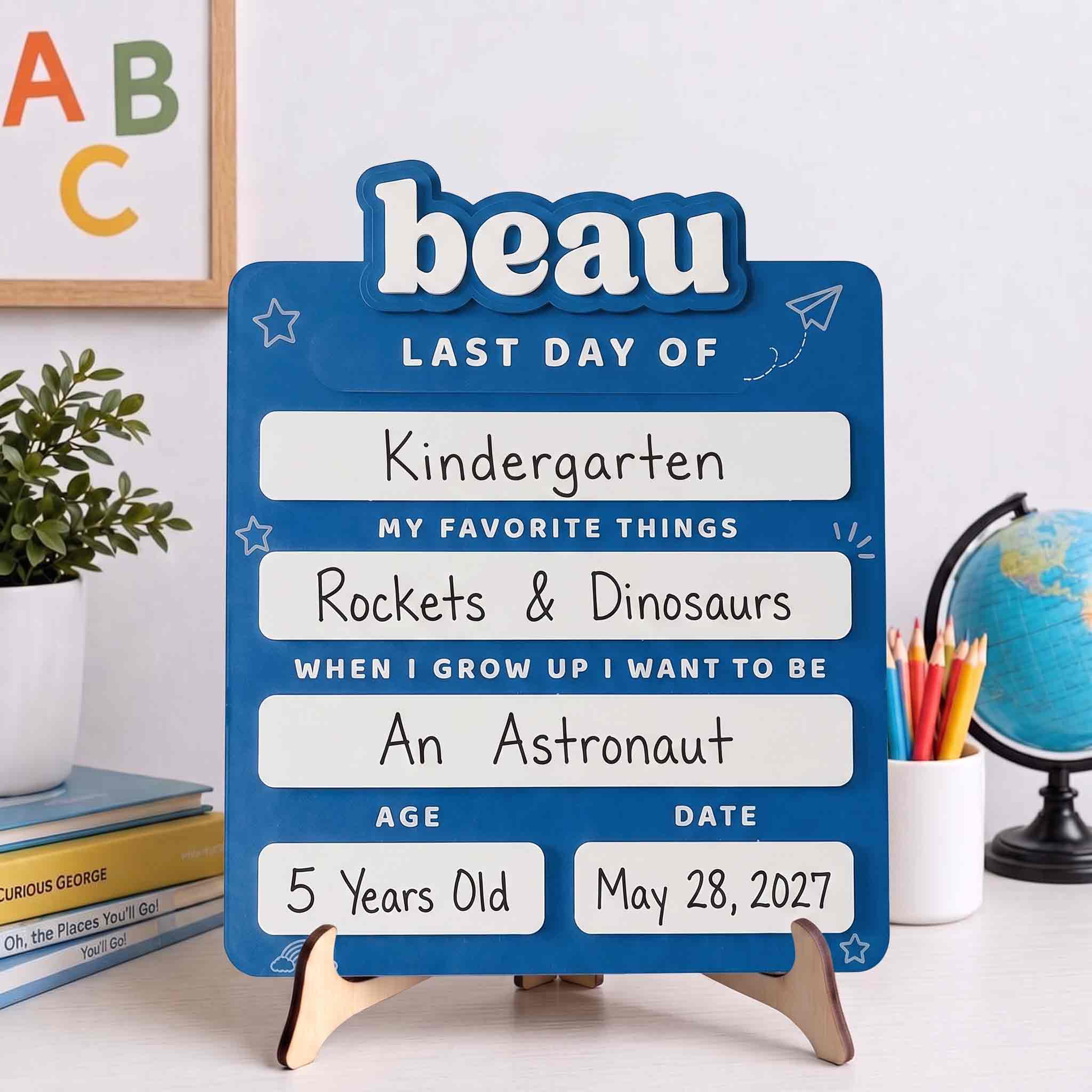 Personalized Blue Minimalist First & Last Day School Board, Reusable Dry Erase Board, Back to School Sign