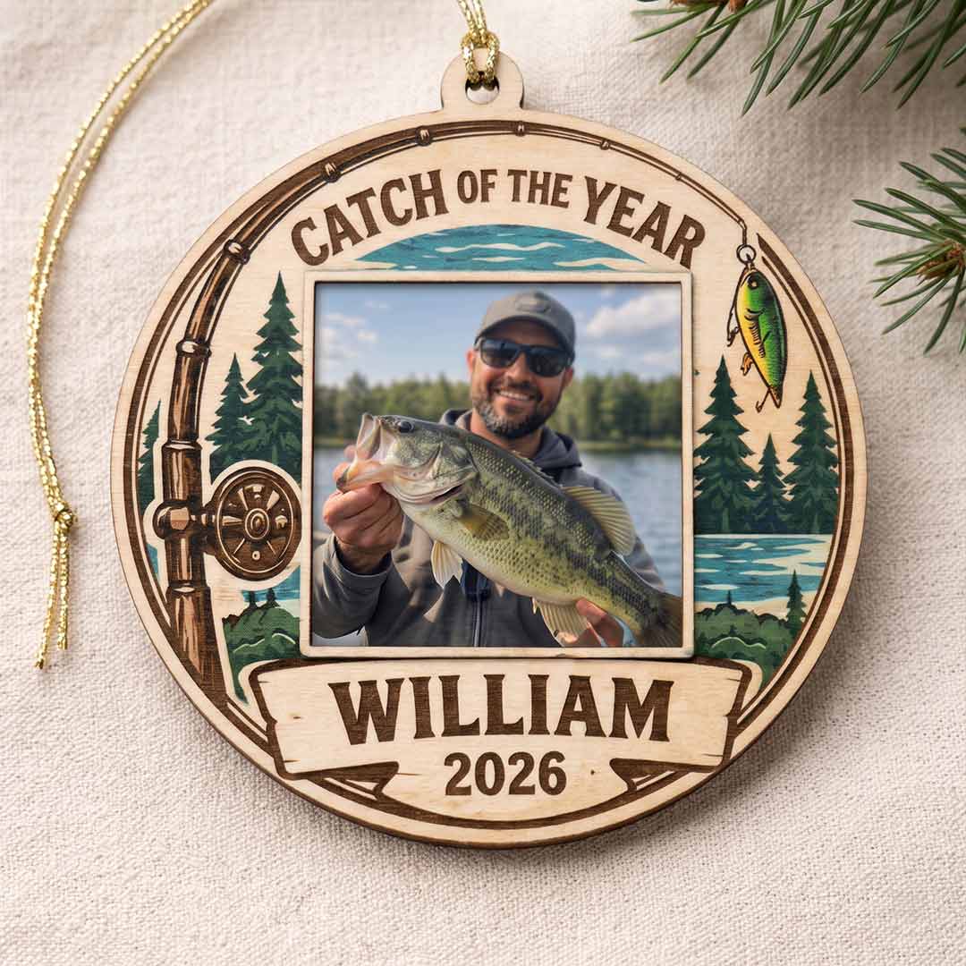 Catch of the Year Fishing Rod Fisherman Keepsake Personalized Custom Name Photo Fishing 1-Layer Wooden Christmas Ornament for Fishing Lovers Gift