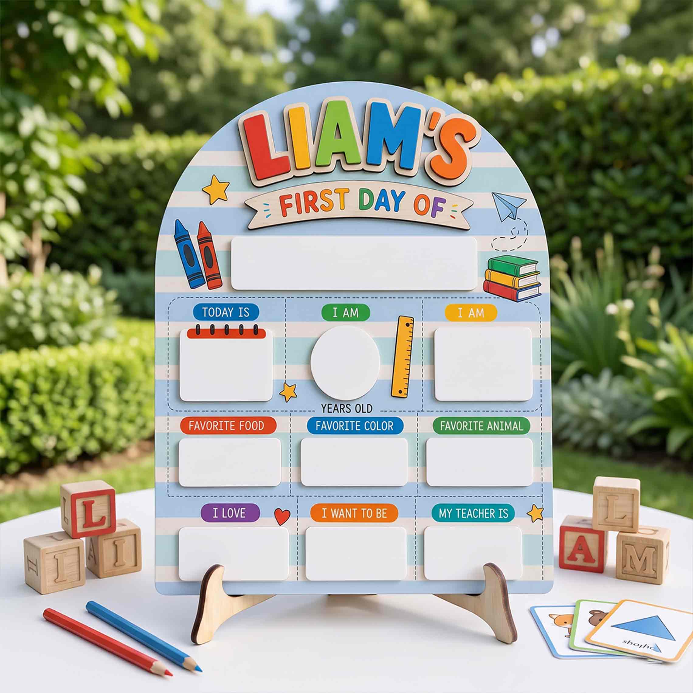Personalized Blue Stripe Classroom First & Last Day School Sign, Reusable Dry Erase Board, Back to School Sign